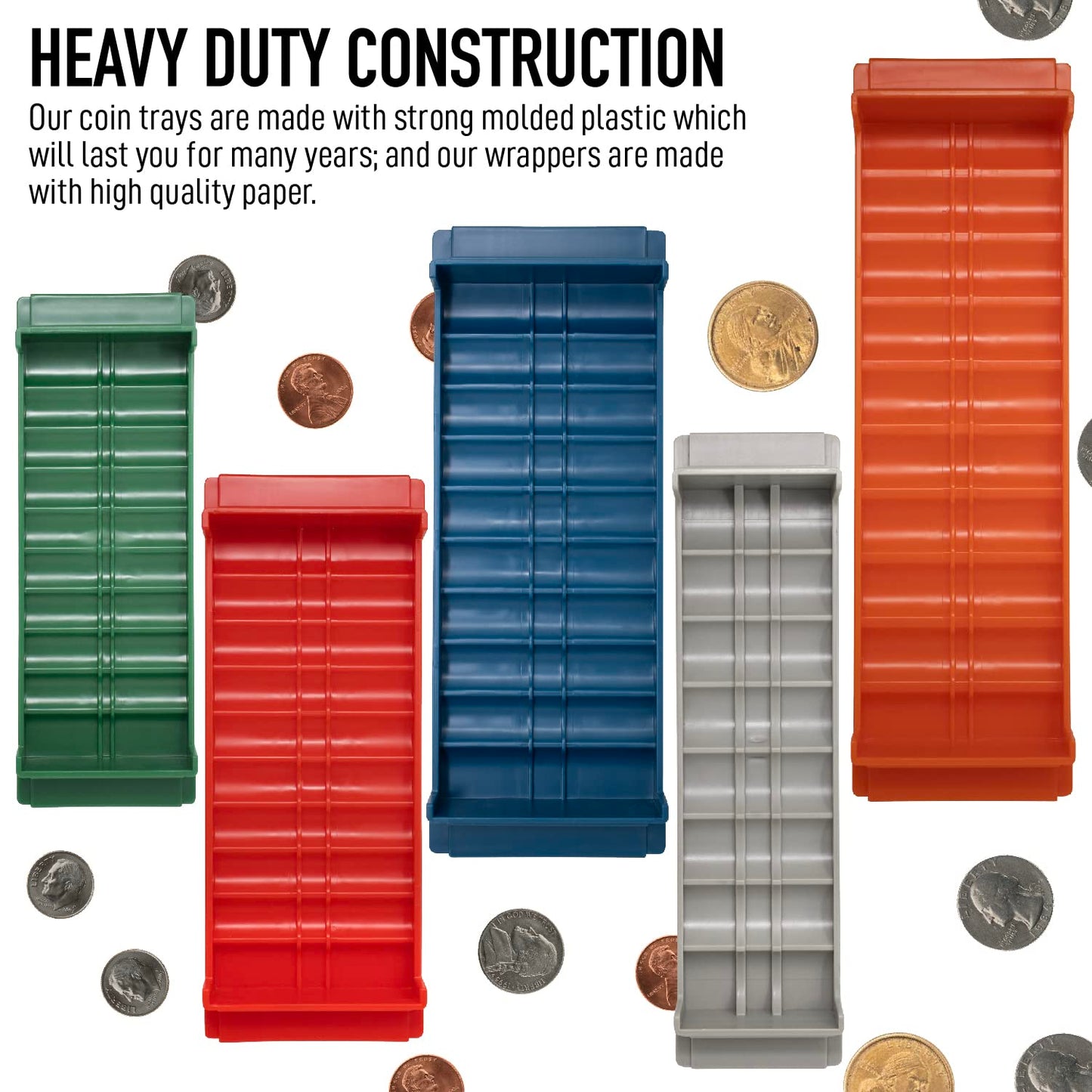 Nadex Rolled Coin Storage Organizer Tray Set with Ridges for Loose Coins | Quarters, Dimes, Nickles, and Penny Color Coded Trays