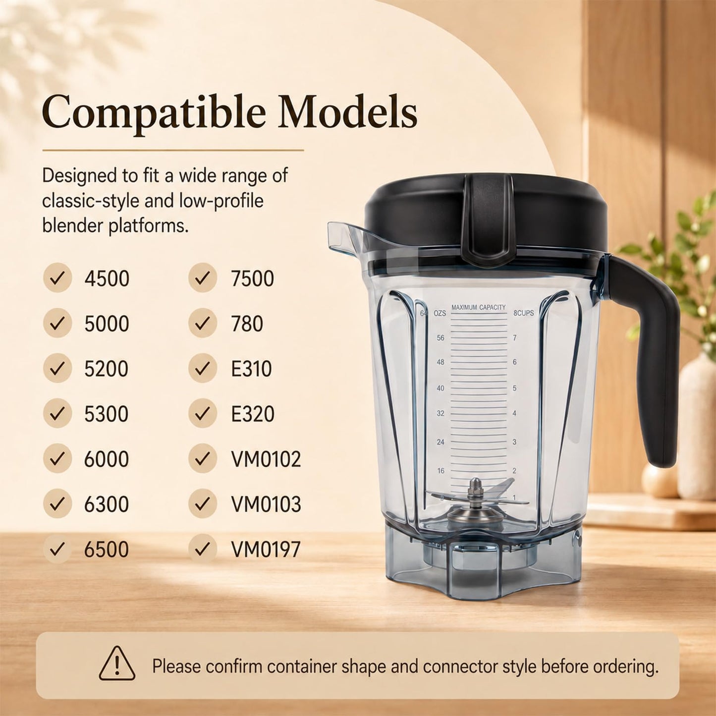 Blender Pitcher 64oz Low-Profile, Compatible with 750, 5200, 5000, 6300, 7500, Vm0102, Vm0103, Vm0197, E310 Classic/Explorian/Commercial Series etc Container Jar Cup