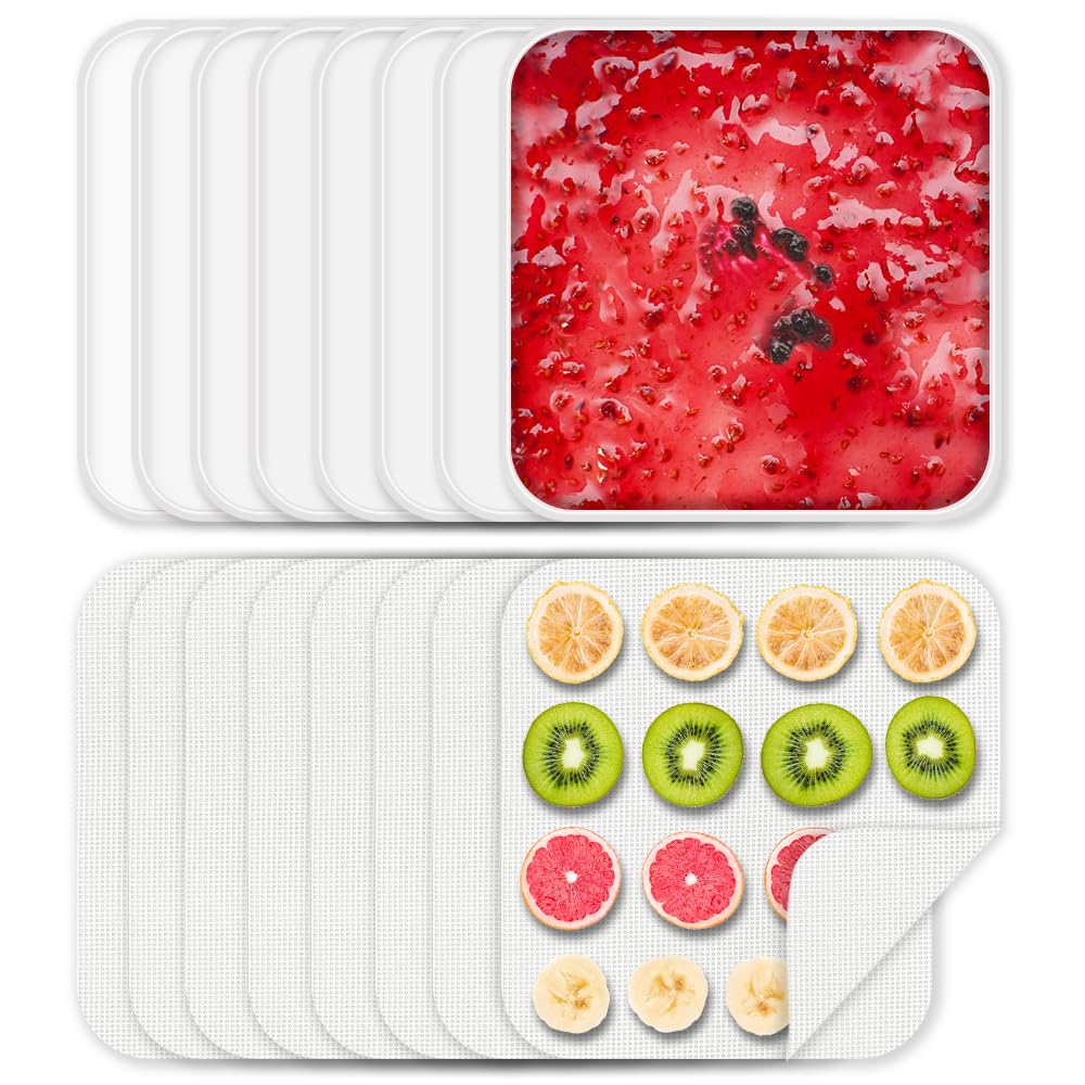 8 Pcs Silicone Food Dehydrator-Trays with Edge, 8 Pcs Mesh Dryer Mats,Reusable Non Stick Silicone Dehydrator Sheets (11x 11in) for Liquids,Fruit Leather,Herbs,Meat and Yogurt
