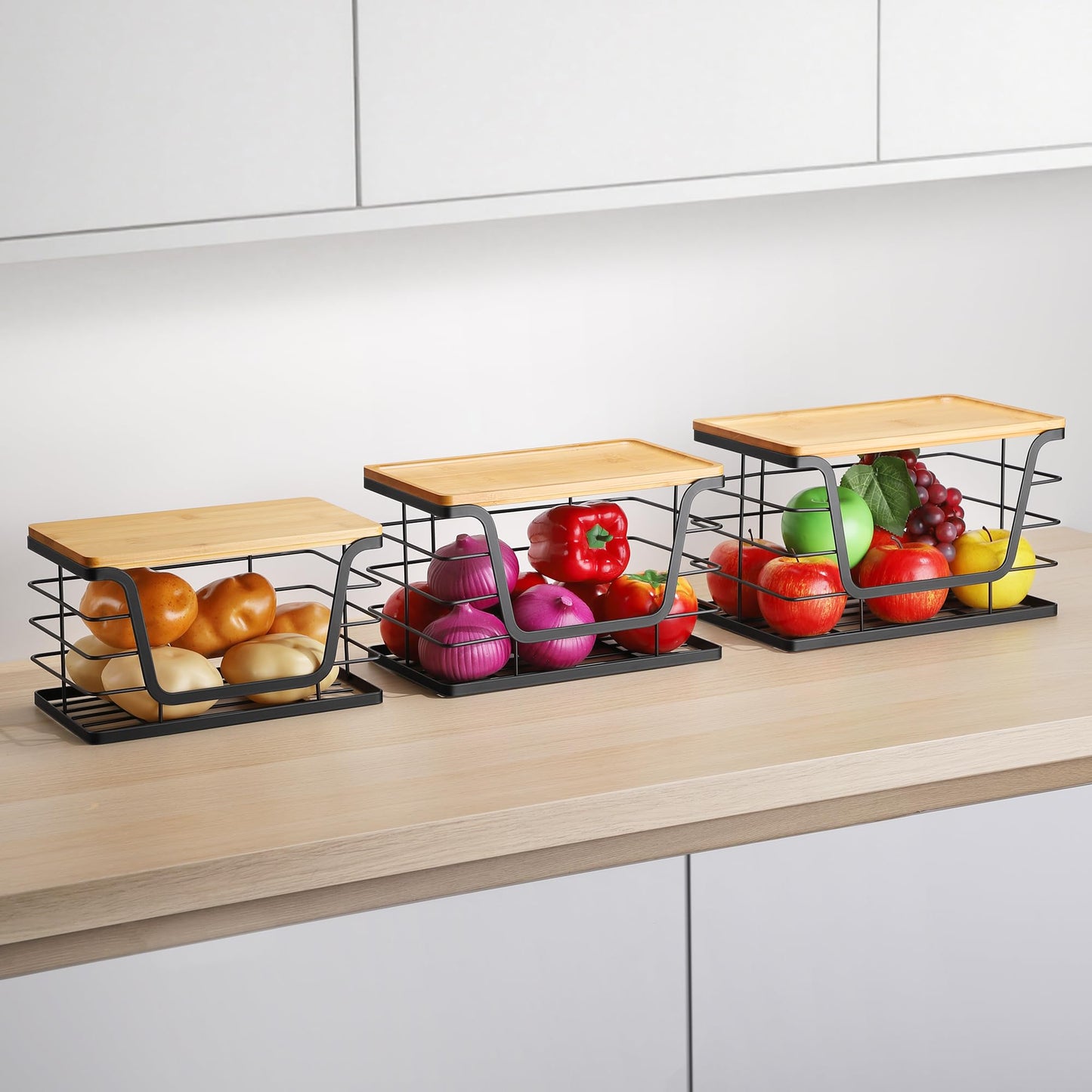 ALOCEO 3 Pack Stackable Storage Bins with Lids, Stainless Steel Trash Bag Dispenser Roll Holder for for Kitchen Sink, Laundry, Pantry Organizer and Storage