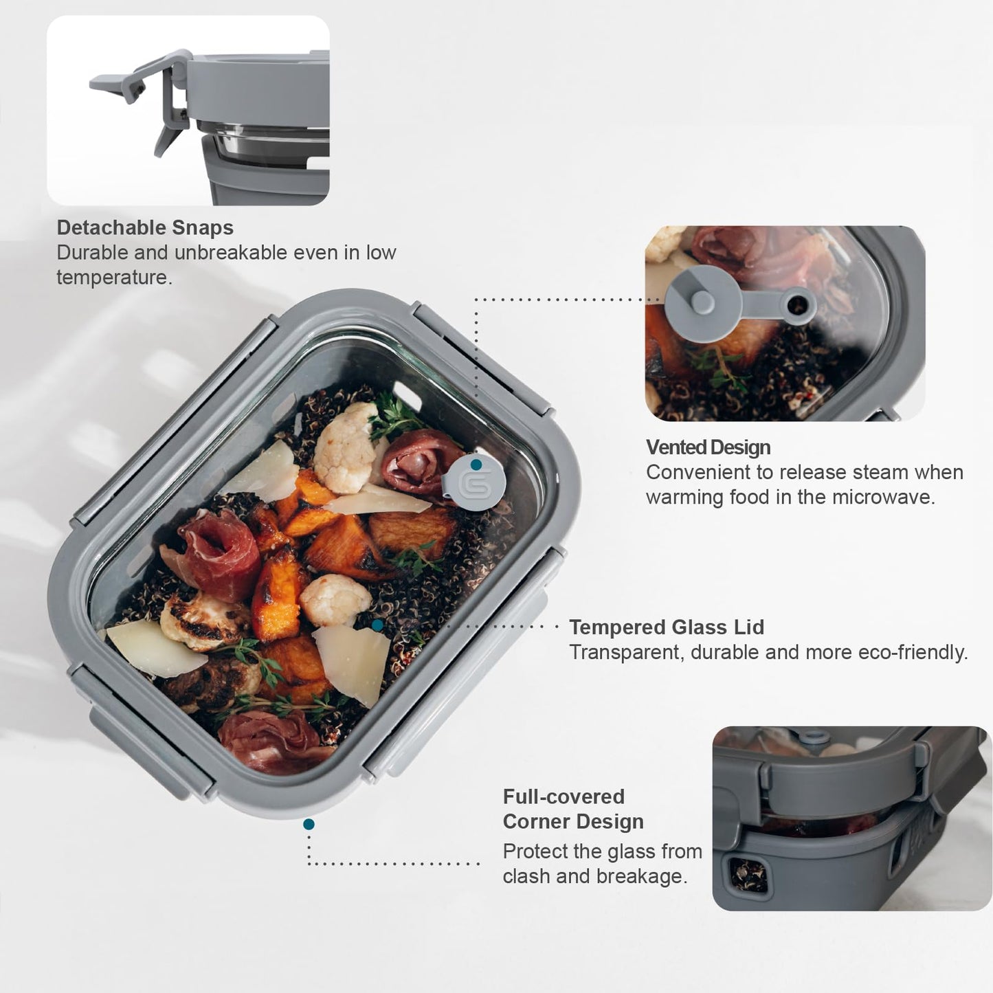 GENICOOK Glass Meal Prep Containers 5-Pack With Glass Lids & Steam Vent, 35 Oz / 4.4 Cups Leakproof Airtight Food Storage Containers, Borosilicate Glass, Microwave And Dishwasher Safe, Bpa-Free