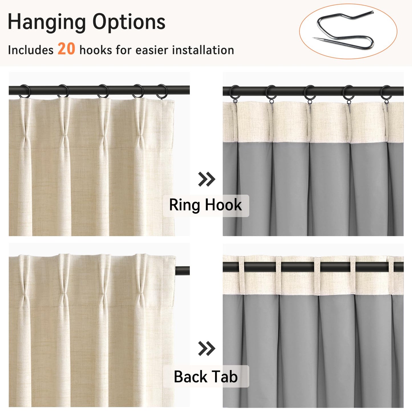 100% Blackout Shield Linen Look Textured Pinch Pleated Curtains Blackout Drapes 84 Inch Long 2 Panels Set, Cream Blackout Curtains for Bedroom & Living Room, 40" W x 84" L