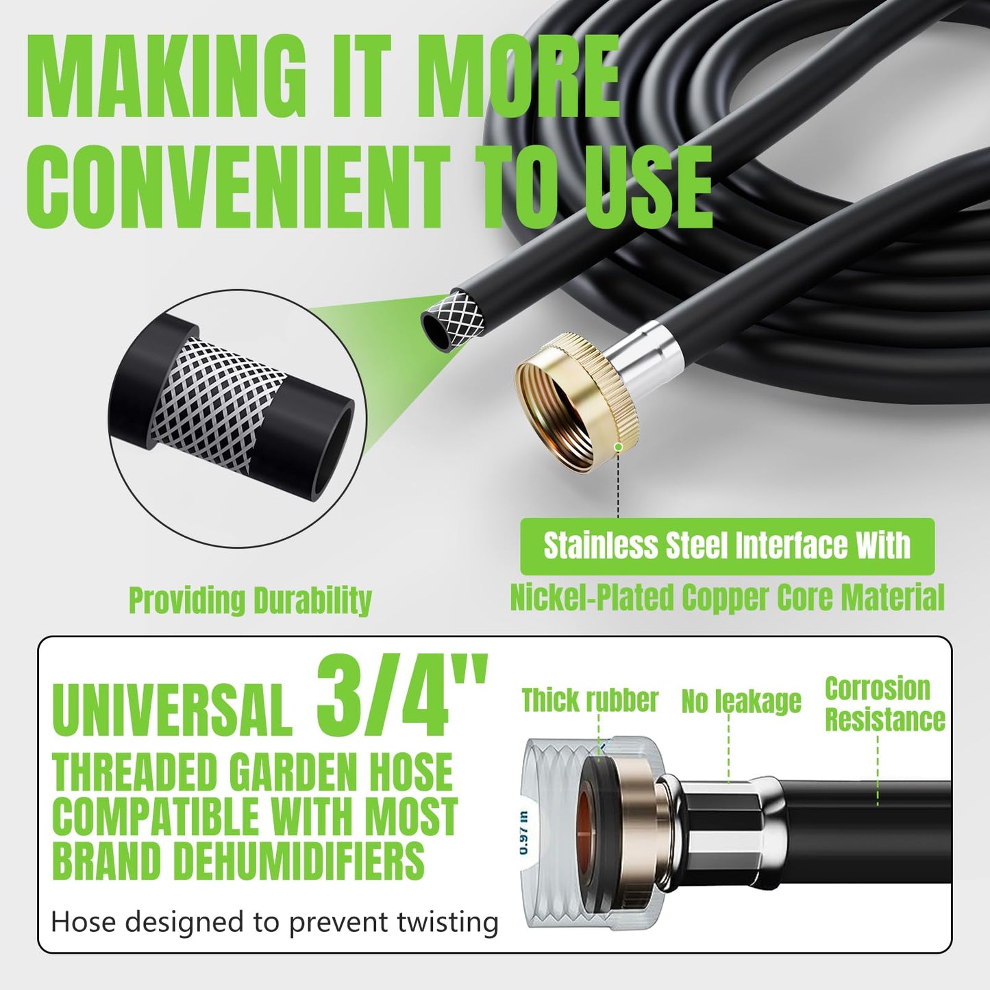 30FT Dehumidifier Drain Hose 3/4" FHT,Leakproof Dehumidifier Hose with Rustproof Durable Connector,Thickened drain hose for dehumidifier indoor,Perfectly Compatible with Most Brands of Dehumidifiers