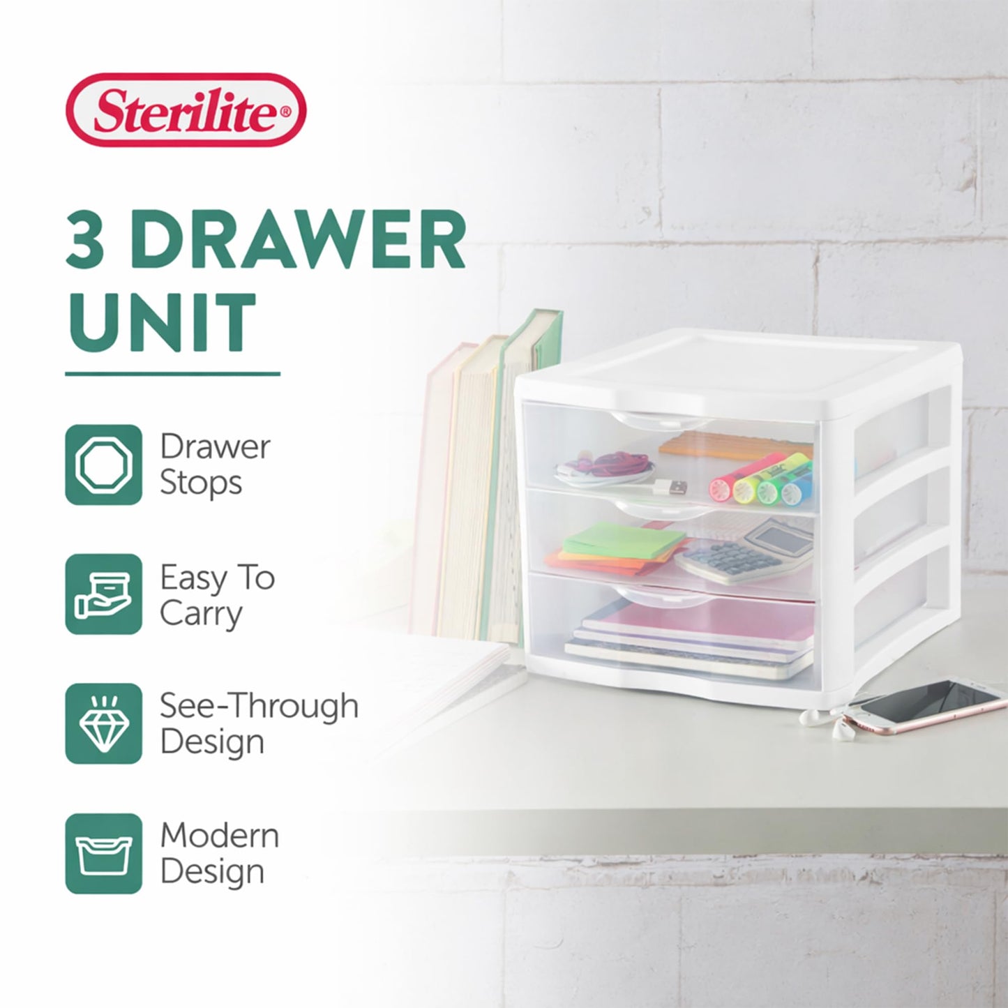 Sterilite Clearview Plastic Multipurpose Small 3 Drawer Desktop Storage Organization Unit for Home, Classrooms, or Office Spaces, White, 6 Pack
