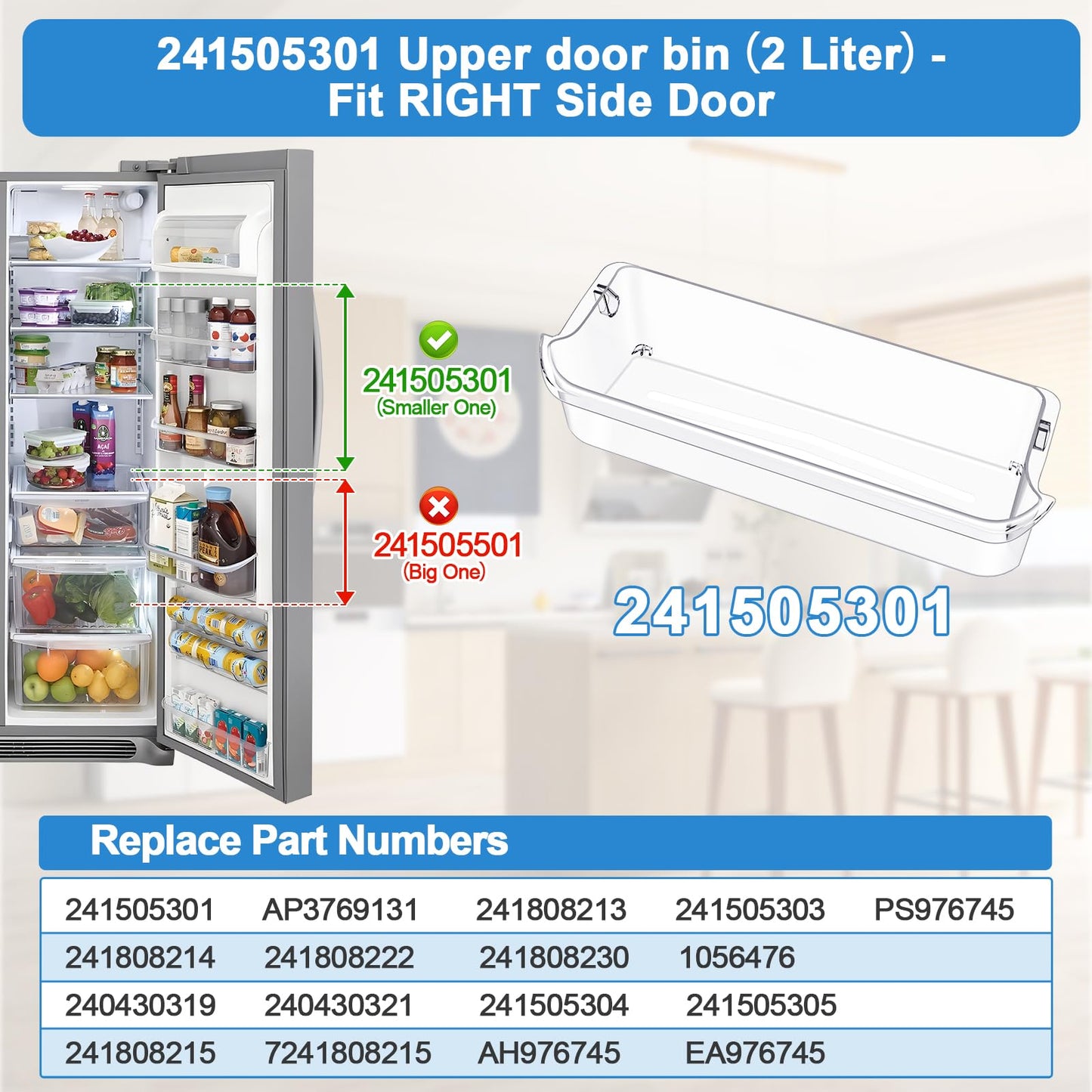 [2 PACK] 241505301 Refrigerator Door Bin Compatible with Frigidaire Gallery Door Shelf 241505300 Frigidaire Door Shelf Replacement PS976745 240430319 FGSC2335TFB FFSC2323TSA FFSC2323TS0 Door Bin