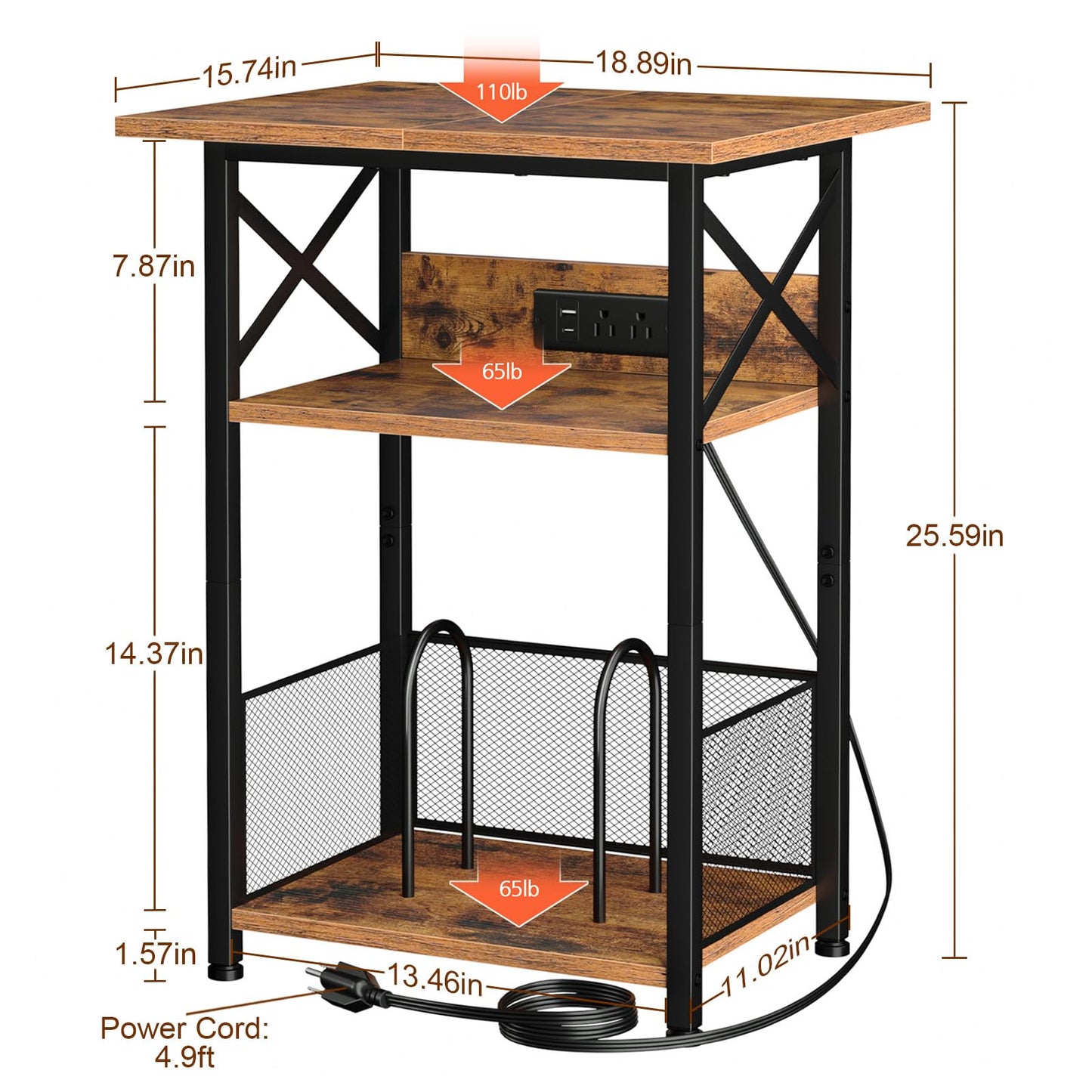 AMHANCIBLE Record Player Stand with Charging Station, Large Turntable Stand with Storage Cabinet, 3 Tier End Table Hold Up to 100 Albums, Record Stand for Vinyl, Living Room, Brown, HETCD012BR-1