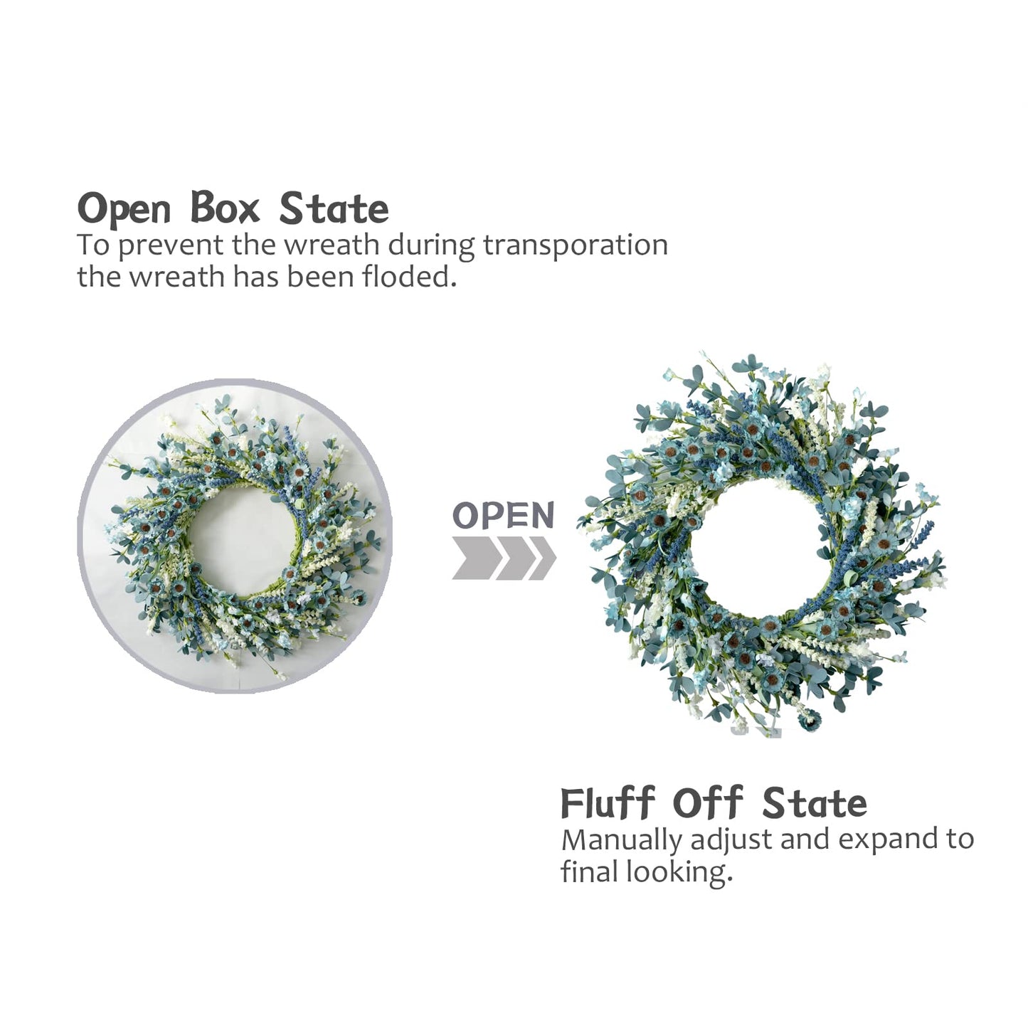 Bibelot 22 Inch Spring Wreath Blue with Green Leaves Wreaths Blue Daisy Artificial Grains White Flower Wreath for Front Door Wreaths, Summer Farmhouse Decor Indoor&Outdoor Wedding Wall Home