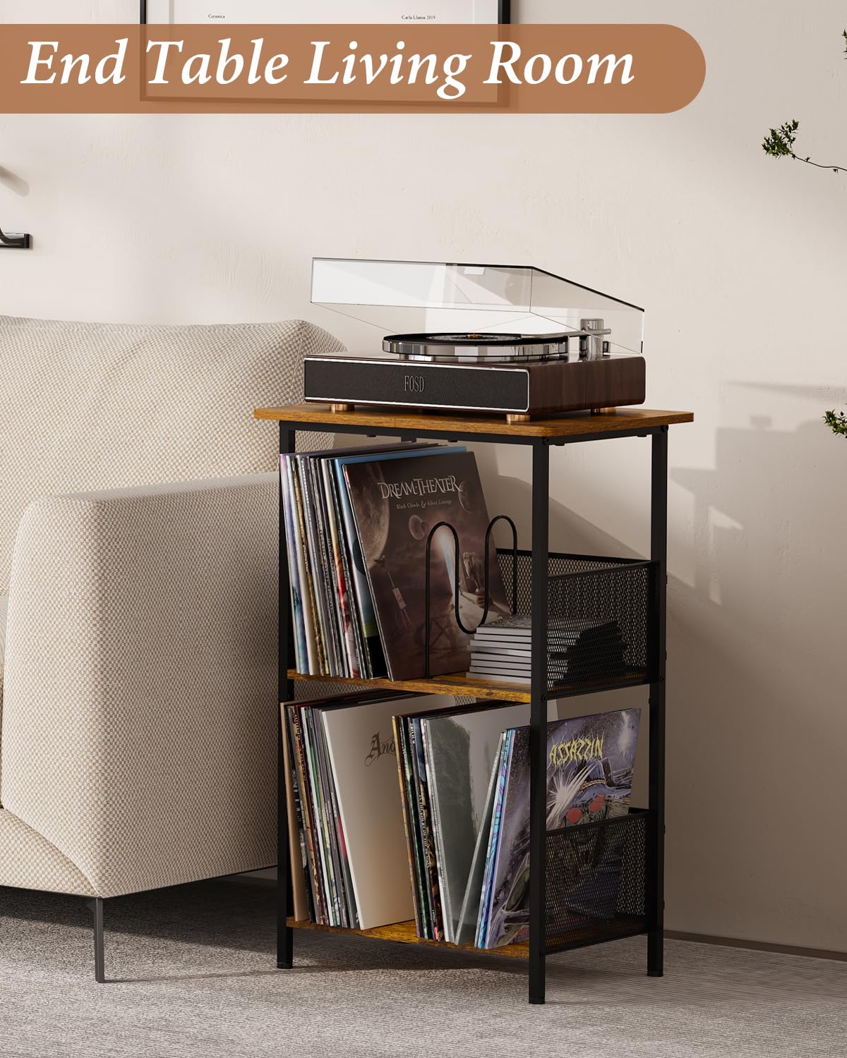 Honkazita Record Player Stand 3-Tier, Vinyl Record Storage up to 200 Albums, Record Player Table with Smooth Wood Top, Fits Most Phonographs, Turntable Stand & Bedside Nightstand, Space-Saving