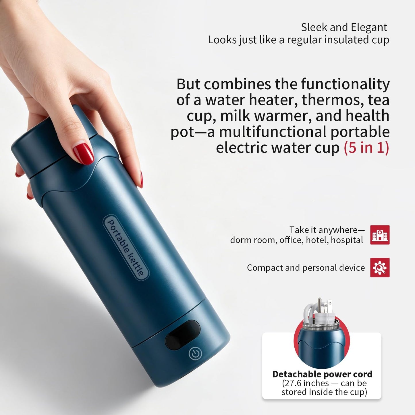 Insulated Stainless Steel Travel Electric Kettle Small, Smart Water Bottle with 4 temperature control, Leak-Proof, Mini Travel Essentials Portable Office Gifts for Tea Lovers, Dark Blue