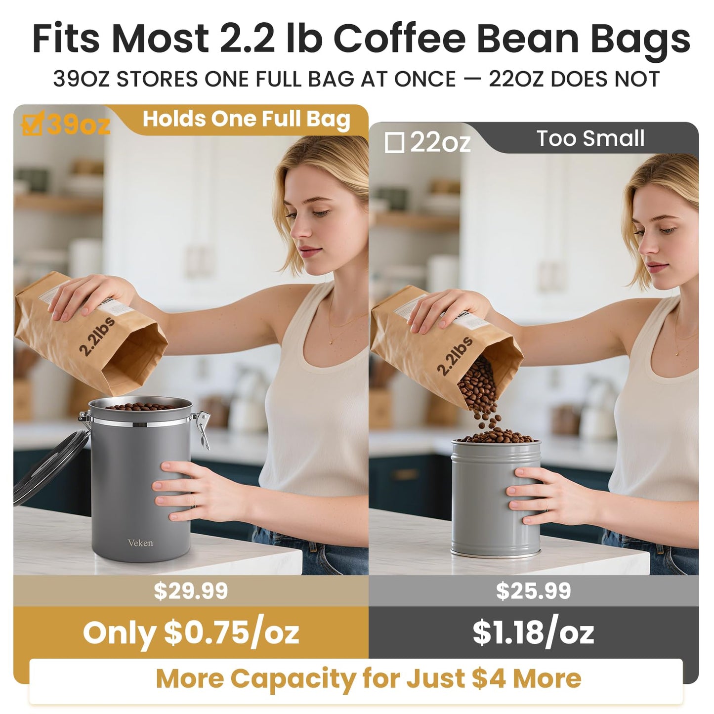 Veken Coffee Canister, 39OZ Large, Airtight Stainless Steel Food Storage Container for 2.2lbs Coffee Beans,Ground,Sugar,Espresso,Rice,Tea,Flour,Pod Baskets,Kitchen Bar Accessories,Lids,Jars,Gifts,Gray