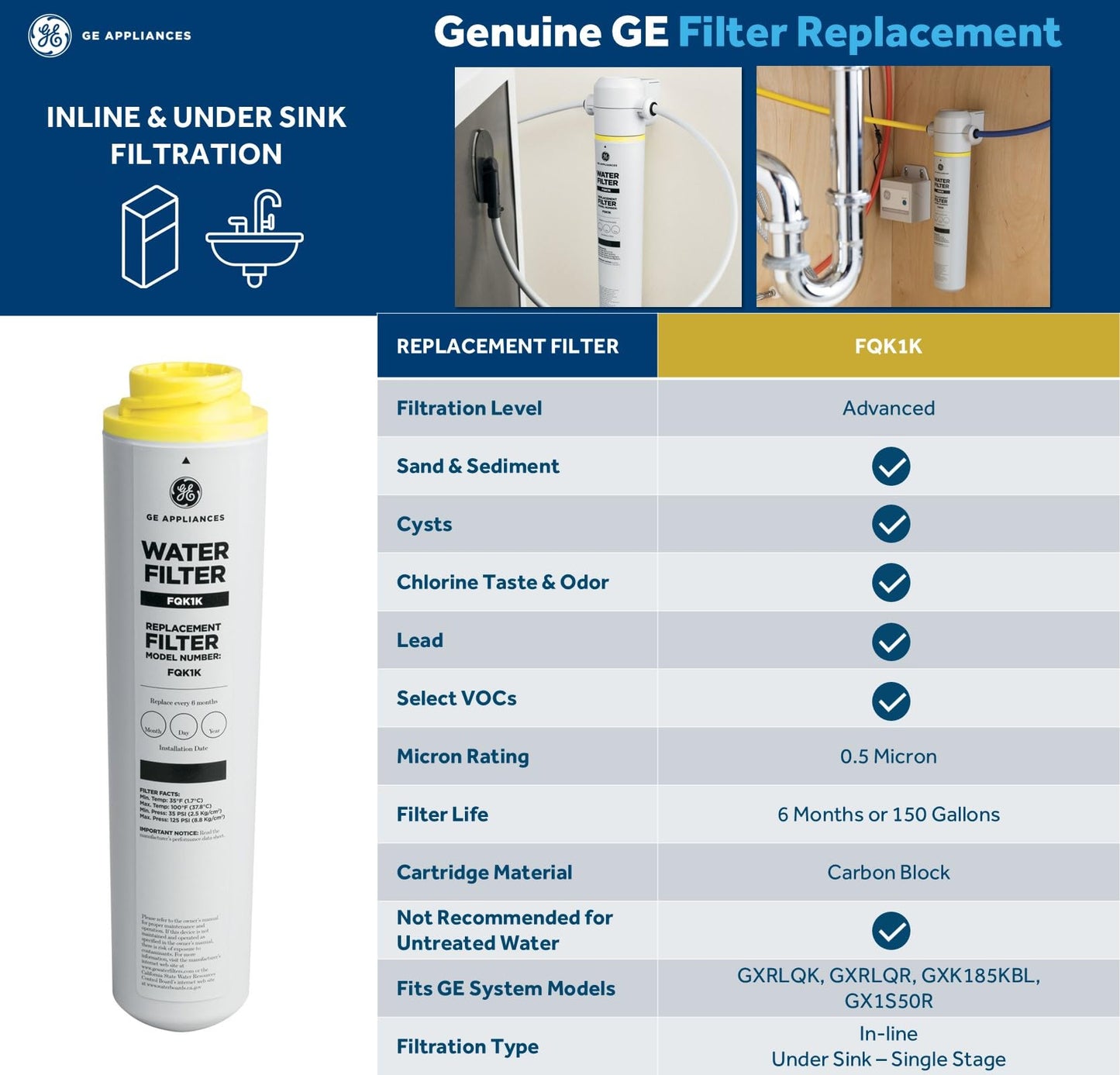 GE Icemaker & Refrigerator System, Exterior Connection, Ice for Beverages, Reduce Chlorine Taste & Odor for Better Water, Replace Every 6 Months, GXRLQK