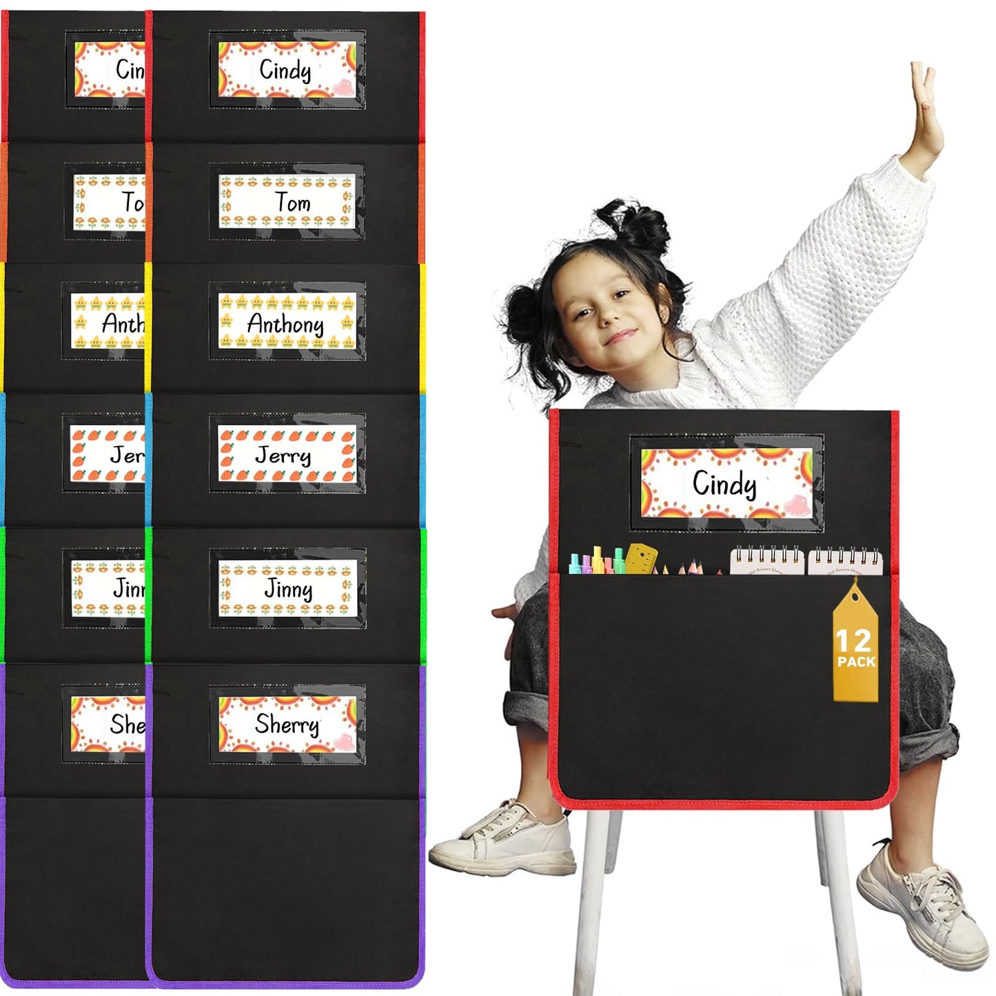 Runpig 12 Pcs Classroom Chair Pockets, 17 x 15 Inch Seat Sacks for Chairs, Buddy Pocket, Chart Seat Back Organizer With Name Tag