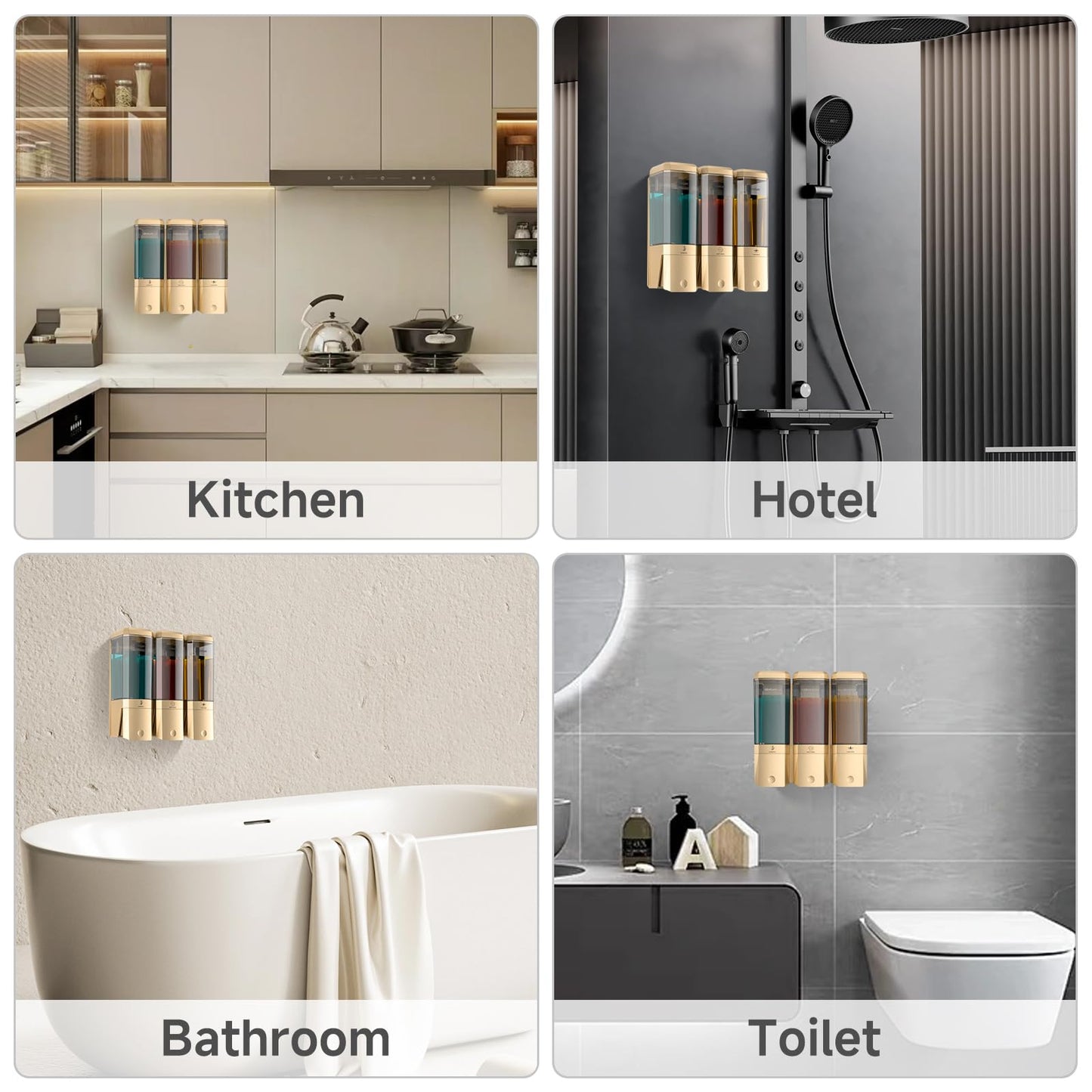 Shampoo and Conditioner Dispenser,Shower Dispenser 3 Chamber No Drill Shampoo Dispenser for Shower Wall Mounted Shower Soap Dispenser for Bathroom Hotel,Large Capacity 3 * 500ML,Gold