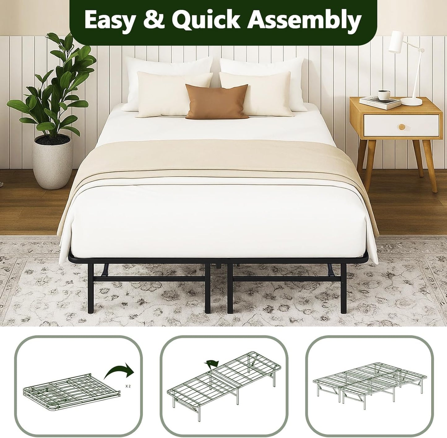 MAKE CHANGES Foldable Full Size Bed Frame，Metal Platform with 14" Underbed Storage, Heavy Duty，Noise Free,Easy Foldable Assembly, No Box Spring Needed,Black