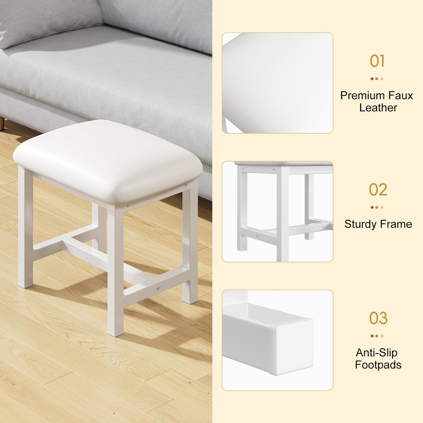 WBKATN White Vanity Stool, Small Vanity Chair, Cute Makeup Bench Seat with Leather Cushioned, Desk Stools for Bedroom, Bathroom, Entryway, Living Room, Office
