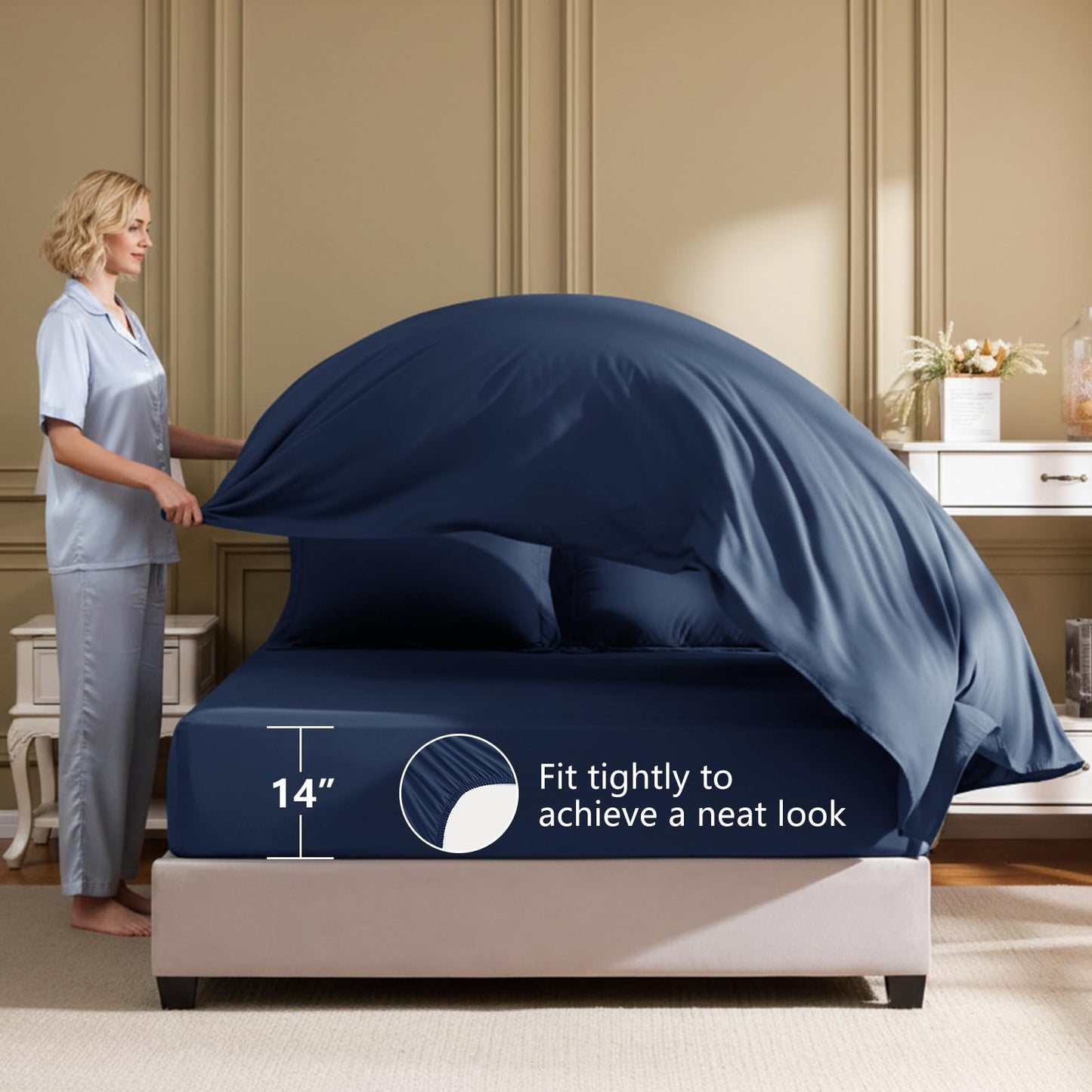 HIMEET Queen Comforter Set - 7 Pieces Bed in a Bag Queen Size, Luxury Comforter Set with Sheets for All Season, Bed Set with Comforter, Flat Sheet, Fitted Sheet, Pillowcases & Shams, Navy Blue