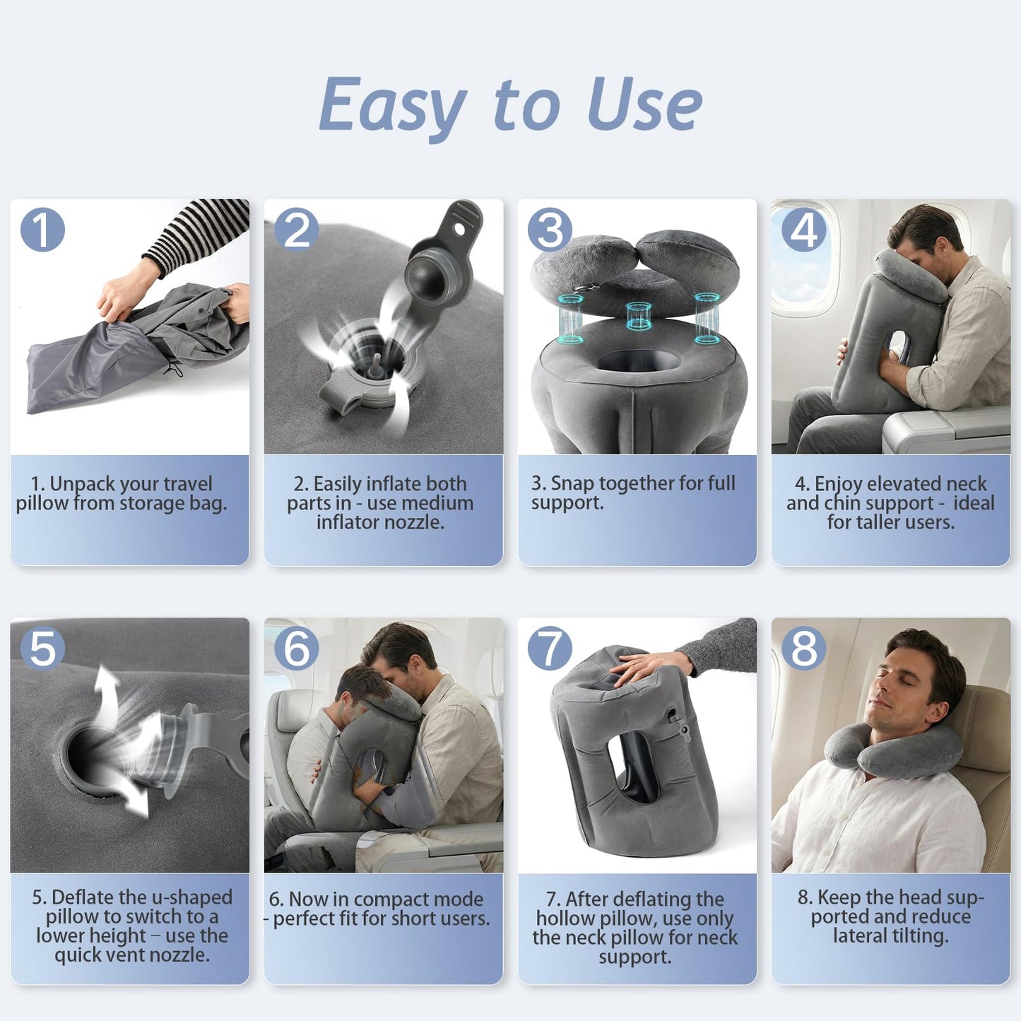 Werfeito 2-in-1 Magnetic Design Inflatable Travel Pillow, Ergonomic Neck Support Airplane Pillow for Flying, Compact Camping Pillow with Storage Bag for Home Nap & Car Travel (Grey)
