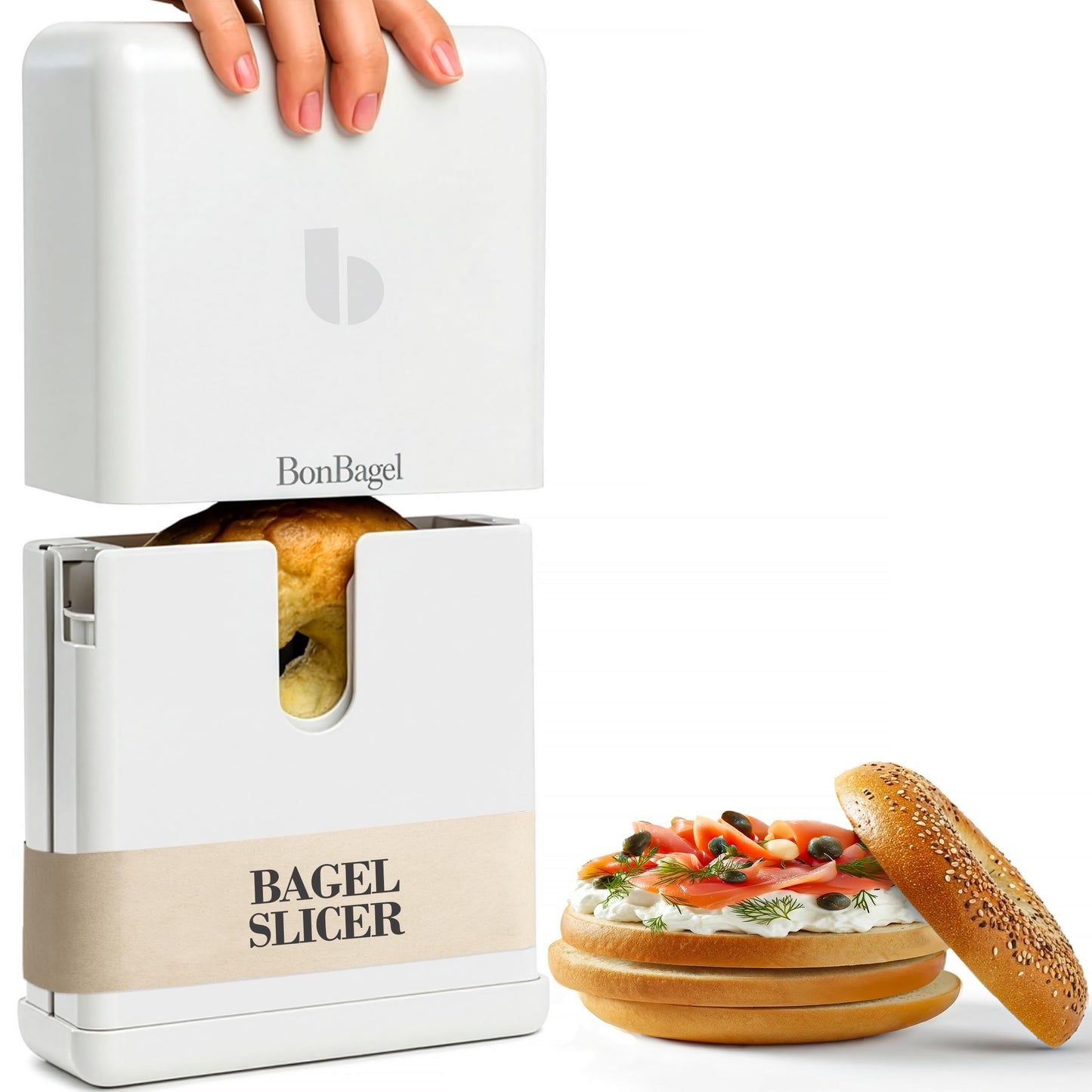 BonBagel Bagel Cutter Slicer – Precision Bagel Slicer with Auto-Center Holder – Compact 7-Inch Space-Saving Design for Even Cutting Large and Small Bread at Home or Café Kitchen-White – 2nd GENERATION