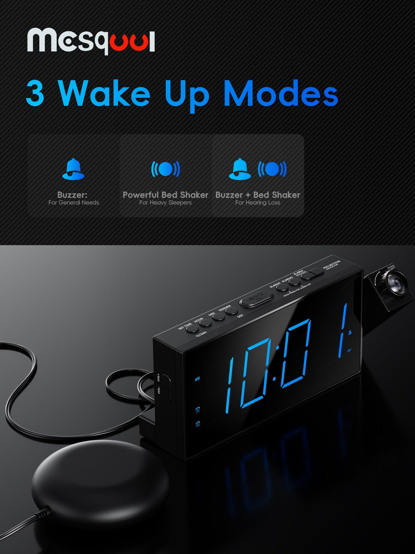 Mesqool Projection Alarm Clock with Bed Shaker, Dual Alarms, 180° Projector, 5-Level Dimmer, USB Phone Charger, Battery Backup, Loud Vibrating Alarm Clock for Heavy Sleepers, Snooze, DST
