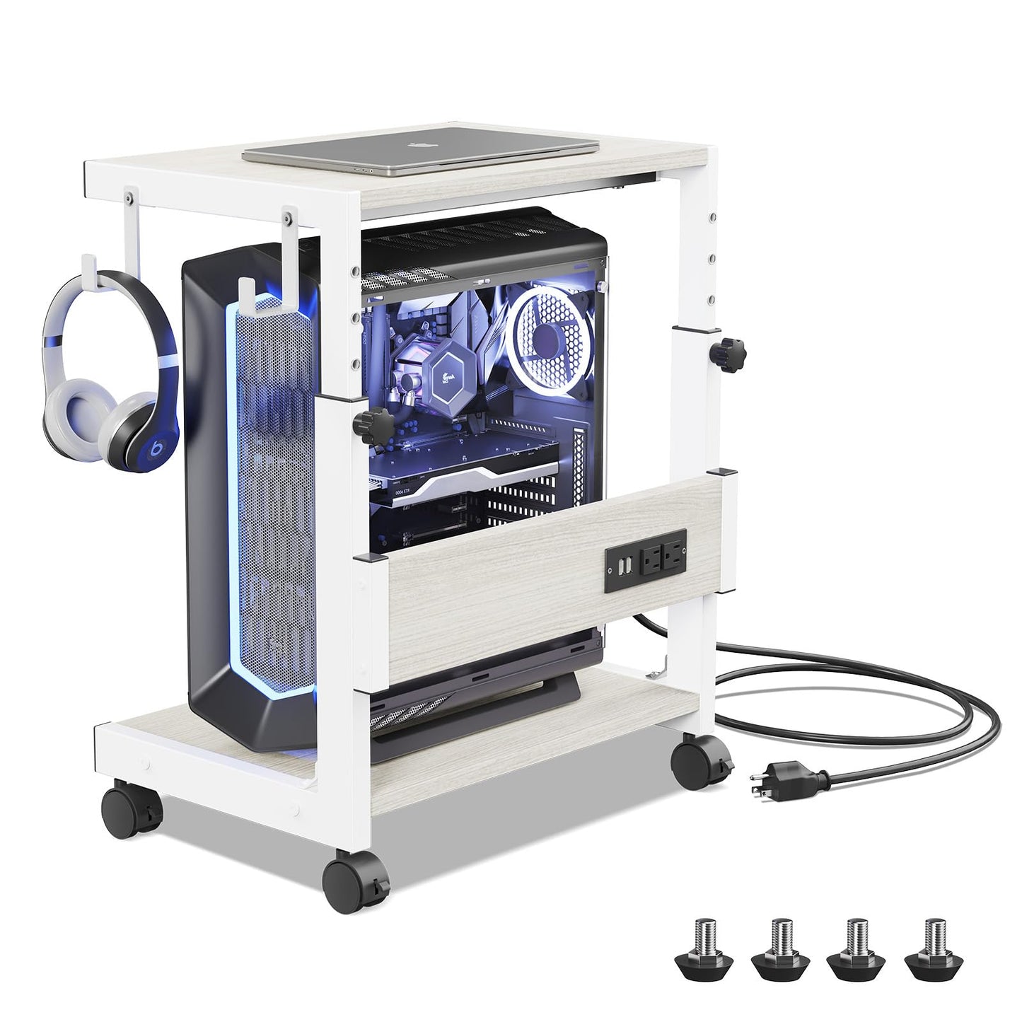 Hovadova Computer Tower Stand with Charge Station and USB Charging Port - Height Adjustable PC Tower Stand, Under Desk CPU Holder Cart with Locking Caster Wheels for Fits Most PC