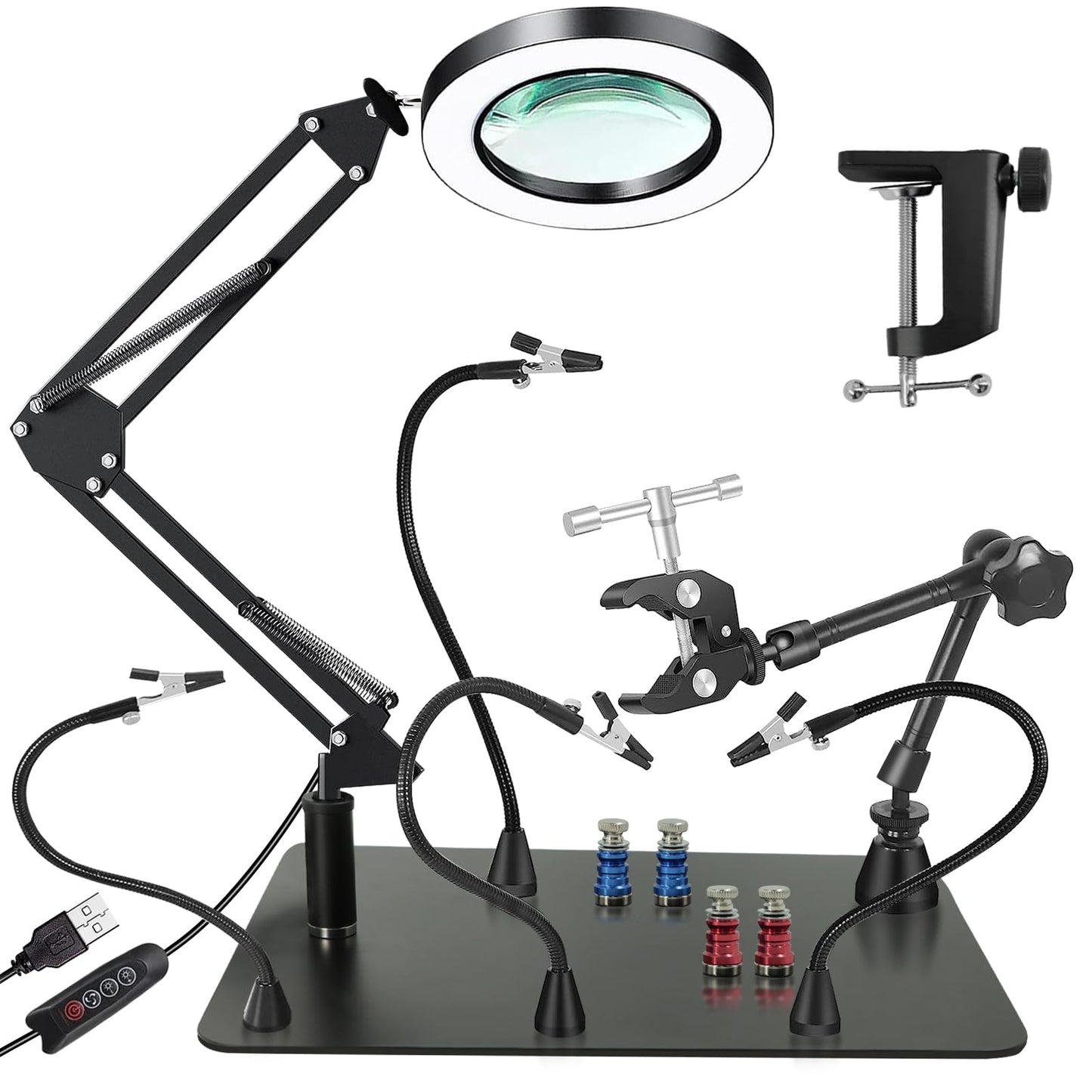 Magnetic Helping Hands Soldering Station, 10X LED Magnifying Lamp Large Soldering Station Kit, 360 Hot Air Gun Holder, 4 Magnetic Third Hand Soldering Tool & PCB Holder for Electronic Repair Soldering