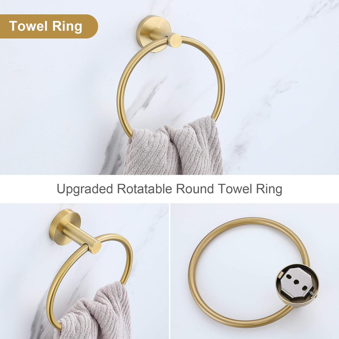 Lairuier 5 Pieces Brushed Gold Bathroom Accessories Set, 23.6 Inch Bath Towel Bar Set, SUS304 Stainless Steel Bathroom Hardware Set Round Toilet Paper Holder Set Wall Mounted