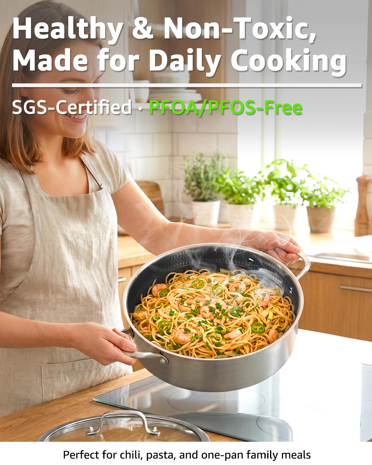 LOLYKITCH 5 QT Hybrid Ceramic Non Stick Tri-Ply Stainless Steel Sauté Pan with Lid,12 Inch Jumbo Cooker,PFOA & PFOS Free,Induction Cooking Pot, Dishwasher and Oven Safe