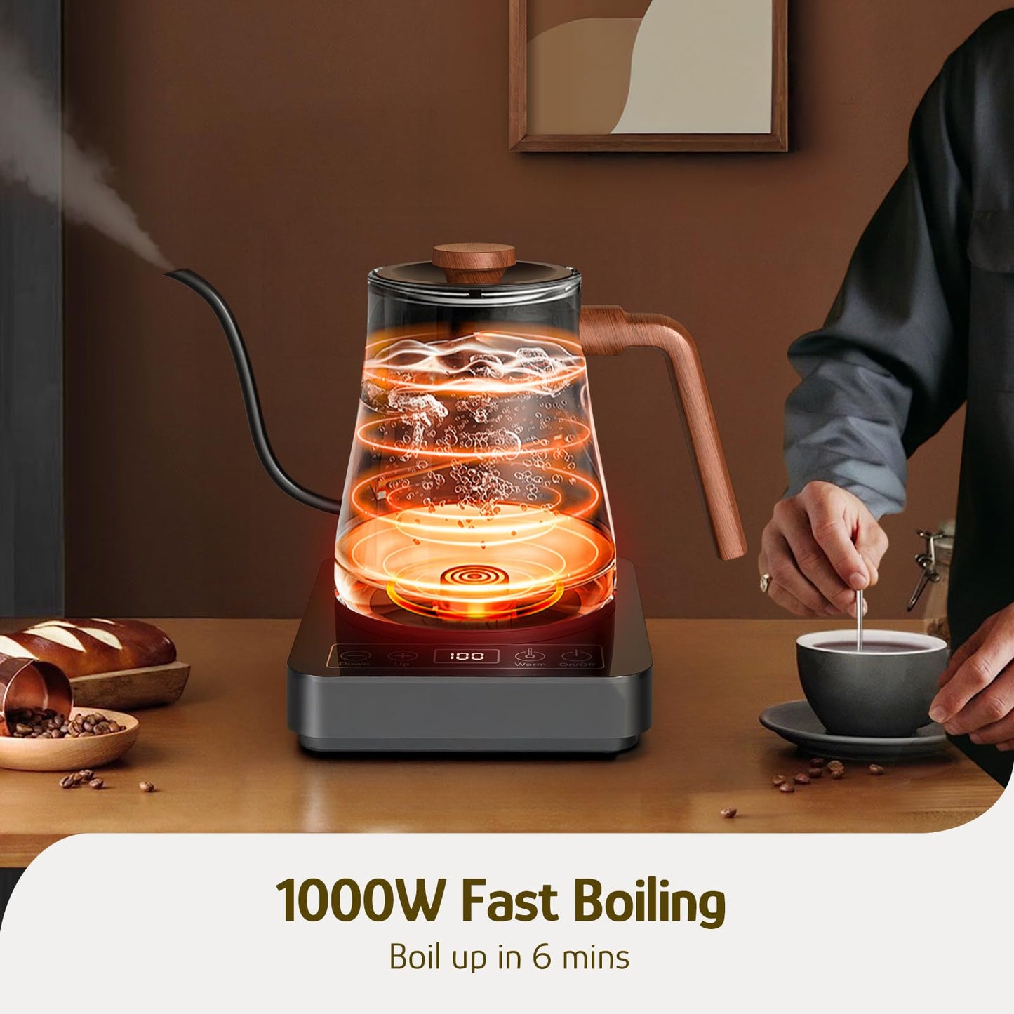 Hazel Quinn Gooseneck Electric Kettle - 0.8L / 27oz, Precise Temperature Control, 4-Hour Keep Warm, 1000W Fast Boil, 304 Stainless Steel Interior, Ideal for Coffee & Tea - Black