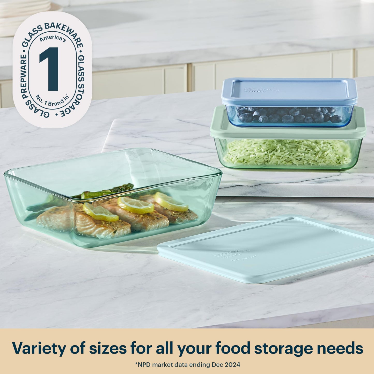 Pyrex Colors (3-Pack, Large) Tinted Glass Rectangle Food Storage Container Set, Snug Fit Non-Toxic Plastic BPA-Free Lids, Freezer Dishwasher Microwave Safe, 3 Cup, 6 Cup & 11 Cup