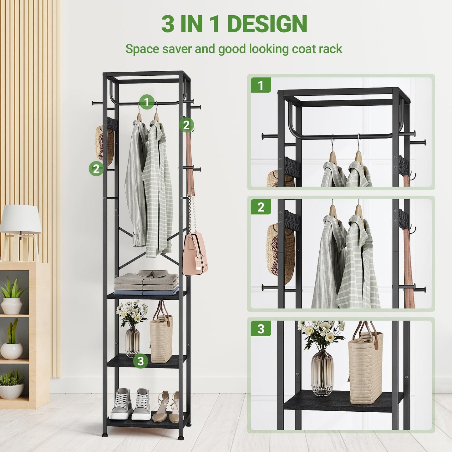 ELYKEN Coat Rack Freestanding, Hall Tree with 3 Storage Shelves and 12 Hooks, Metal Clothes Rack Stand Organizer for Bedroom, Hallway, Entryway, Office, Living Room, Black