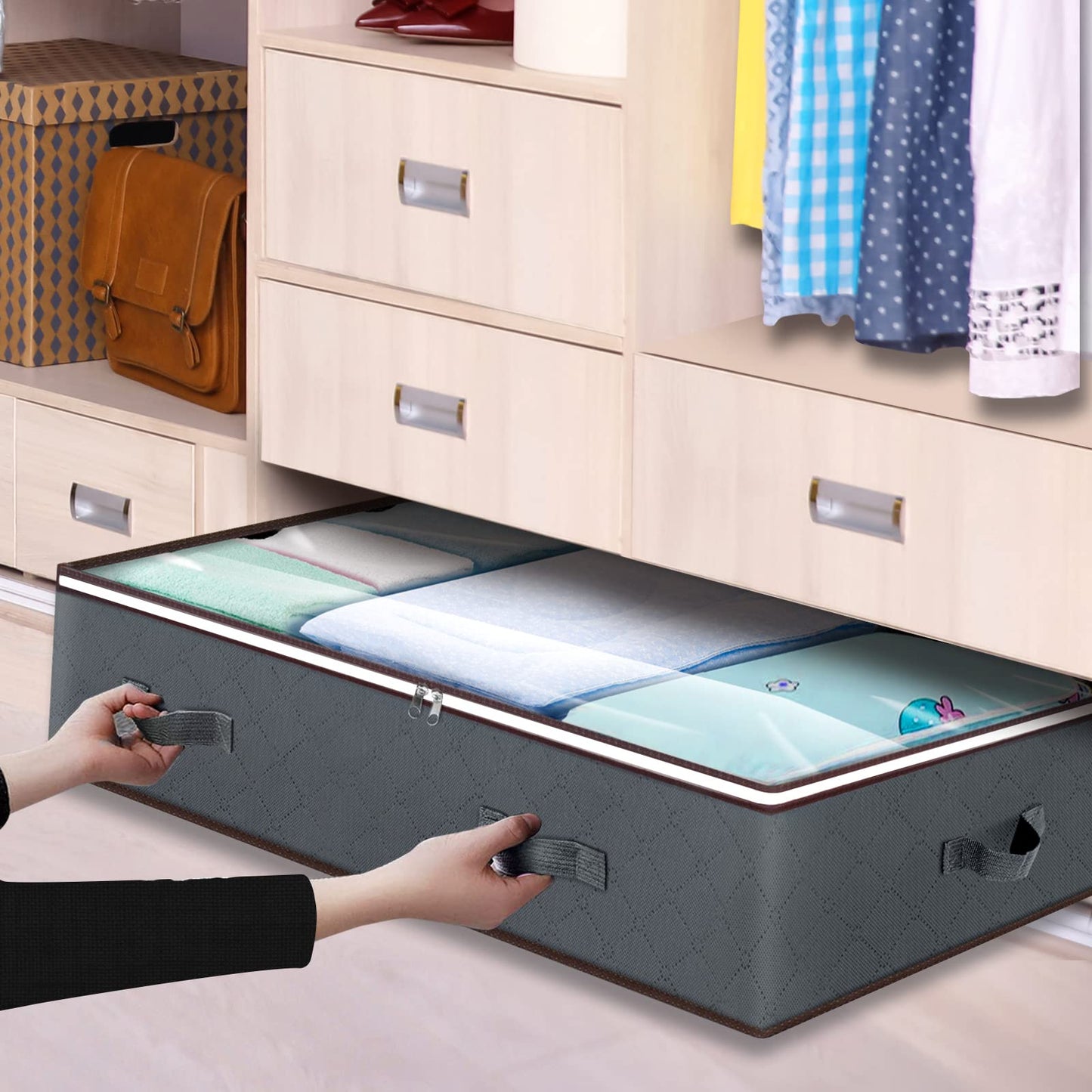 90L Under Bed Storage Containers, Large Capacity Underbed Storage Bags Organizer, Thick Fabric Storage Bins with Clear Window and Reinforced Handles for Blanket Comforter Bedding Clothes, 8 Pack
