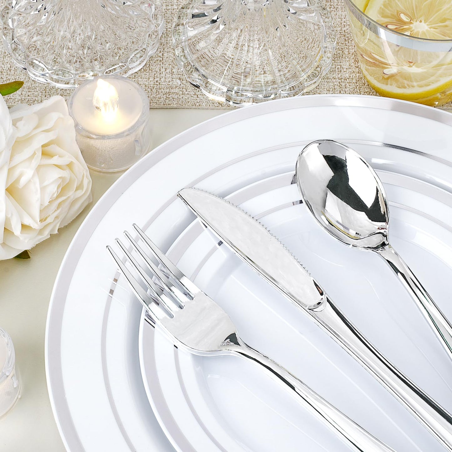 realluck 350 PCS White and Silver Plastic Dinnerware Set for 50 Guests, 100 Disposable Plates for Party, 50 Pre Rolled Napkins with Silver Silverware, 50 Cups