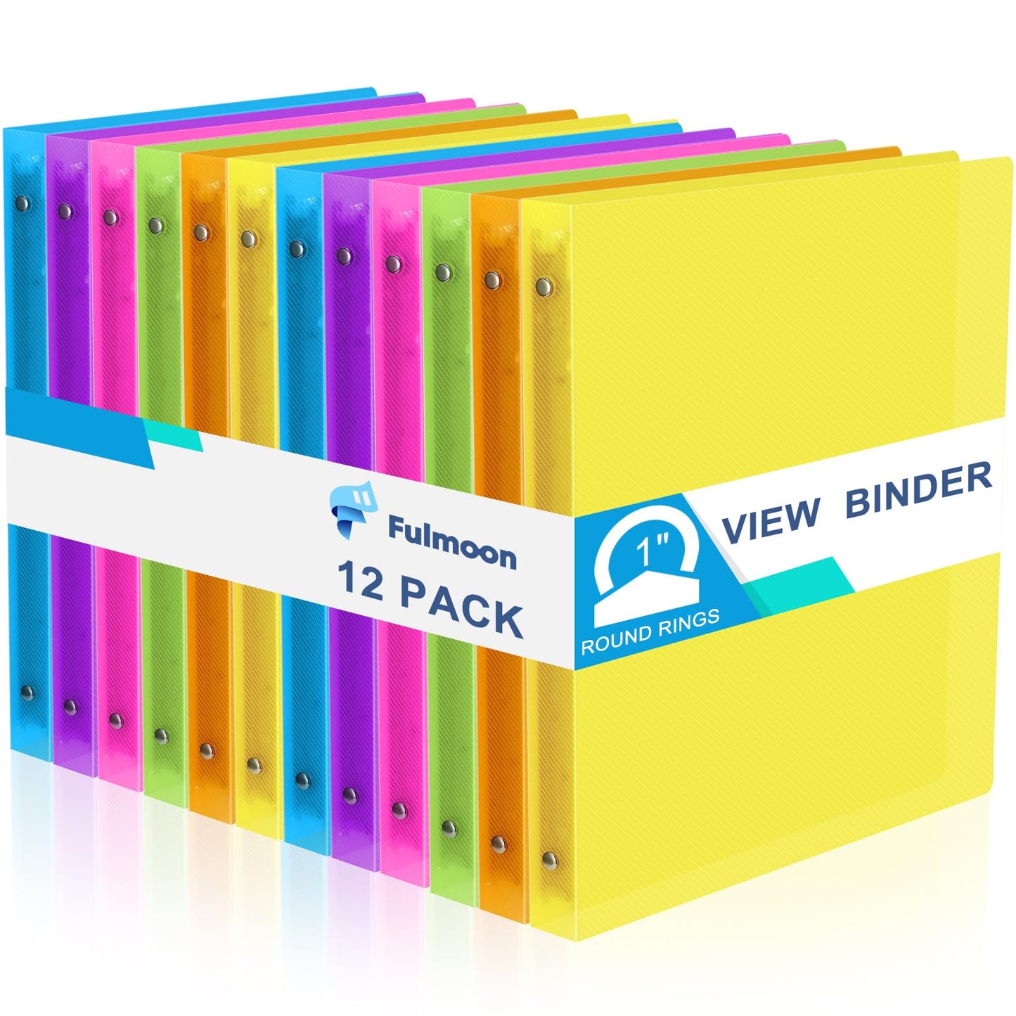Fulmoon 12 Pcs 1 Inch 3 Ring Binders with 2 Interior Pockets Fits Letter Size Paper 8.5'' x 11'', Clear View 1-inch Three Ring Binders or School Office Home Supplies(Multicoloured)
