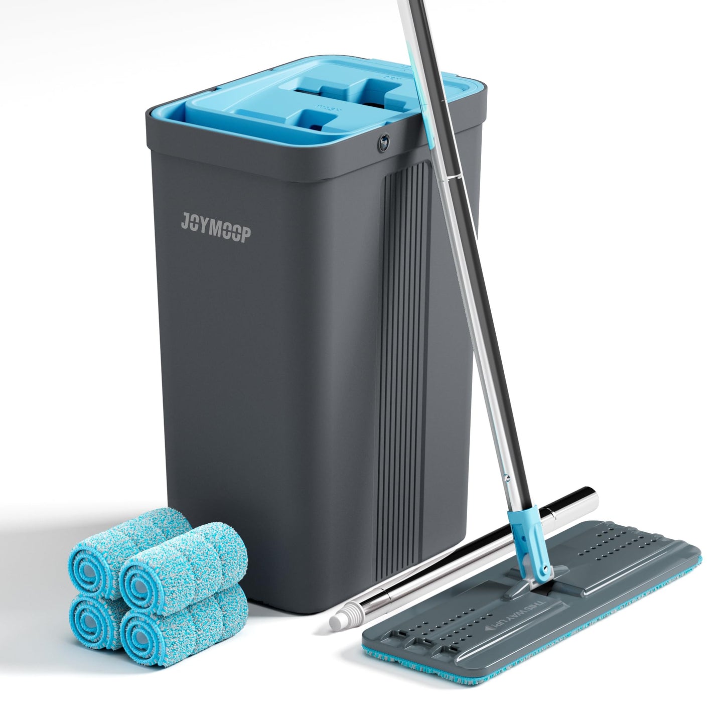 JOYMOOP Mop and Bucket Set, Mops for Floor Cleaning, Wall Mop Cleaner with Long Handle, with 4 Reusable Microfiber Mop Pads - Grey+Cyan Blue