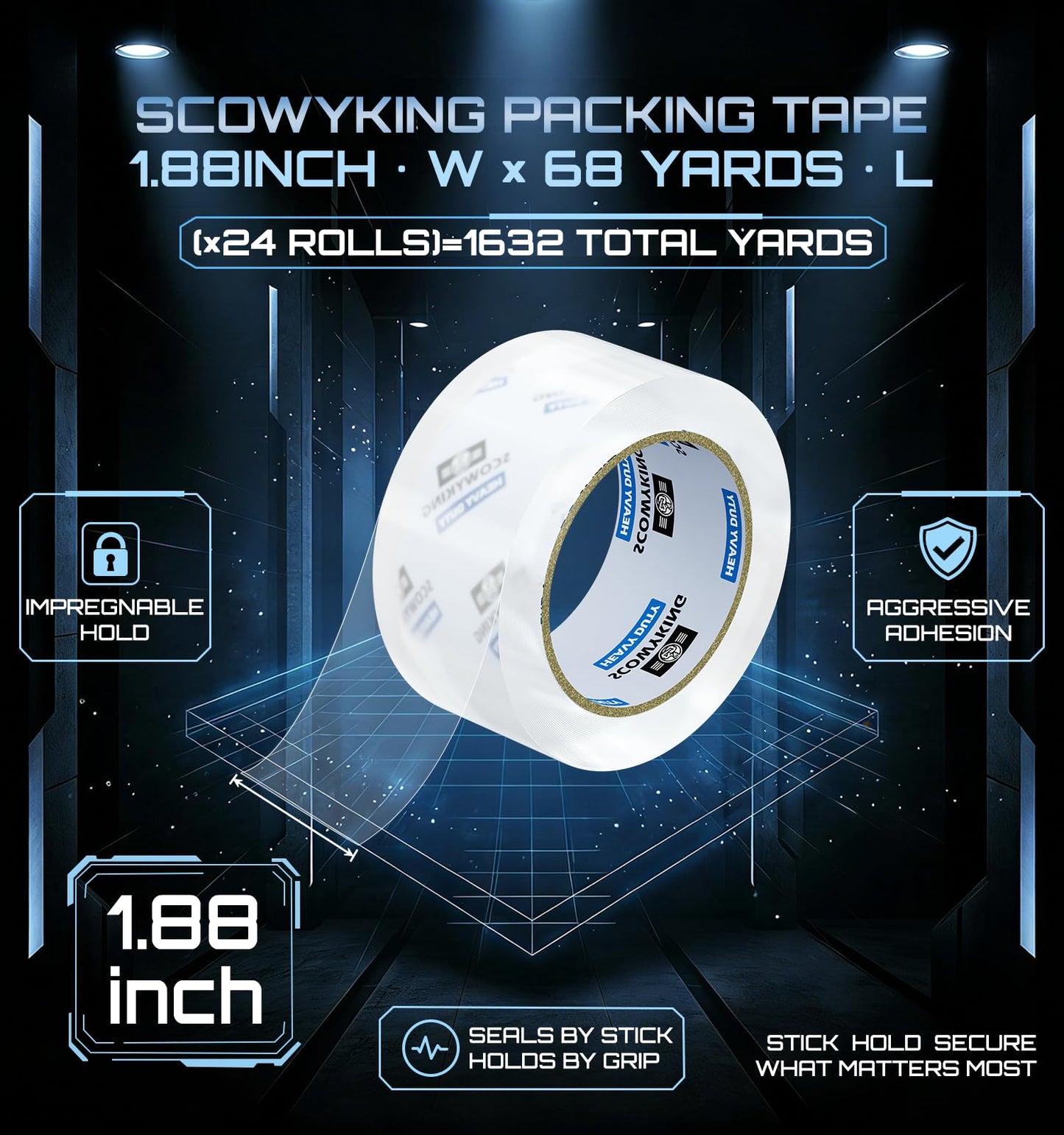 Scowyking Heavy Duty Packing Tape Refills 24 Pack, 2.7 Mil Clear Packaging Tape, 1.88" × 68 Yards, Compatible with Standard Tape Dispenser, No Residue Quiet Unwind for Moving Shipping Sealing Boxes