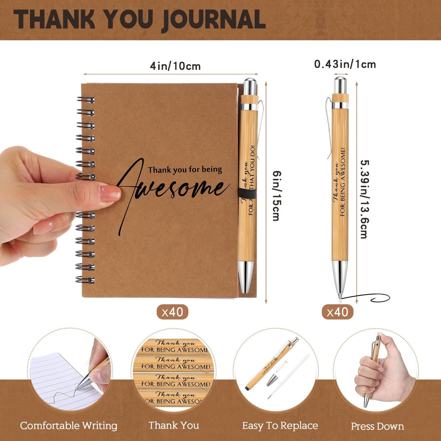 Honoson 80 Pcs/40 Set Spiral Notebook Bulk Employee Appreciation Gift 4x6 Inch Thank You for Being Awesome Inspirational Journal with Bamboo Pen for Staff Christmas Coworker