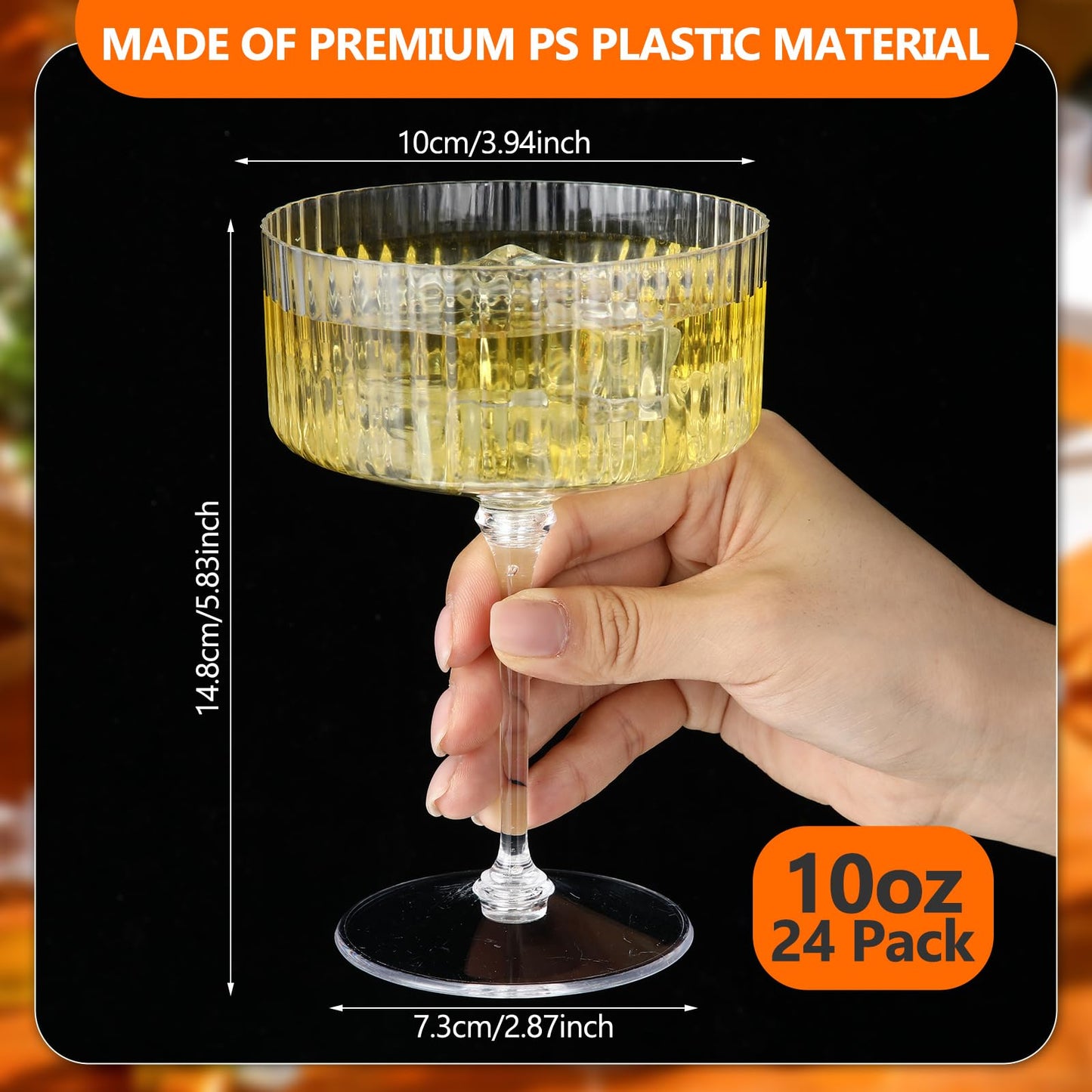 Jingmore 24 Pcs Ribbed Martini Glasses 10 oz Disposable Plastic Vintage Ribbed Coupe Glasses Unbreakable Dessert Parfait Glassware for Wedding Birthday Party Supplies (Clear)