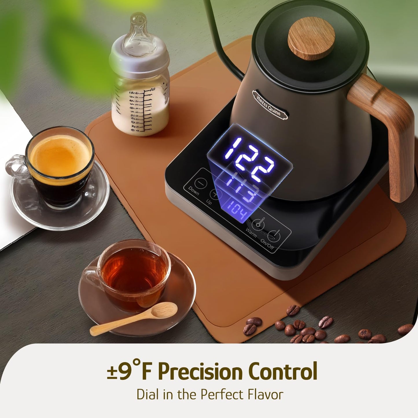 Hazel Quinn Gooseneck Electric Kettle - 0.8L / 27oz, Precise Temperature Control, 4-Hour Keep Warm, 1000W Fast Boil, 304 Stainless Steel Interior, Ideal for Coffee & Tea - Black