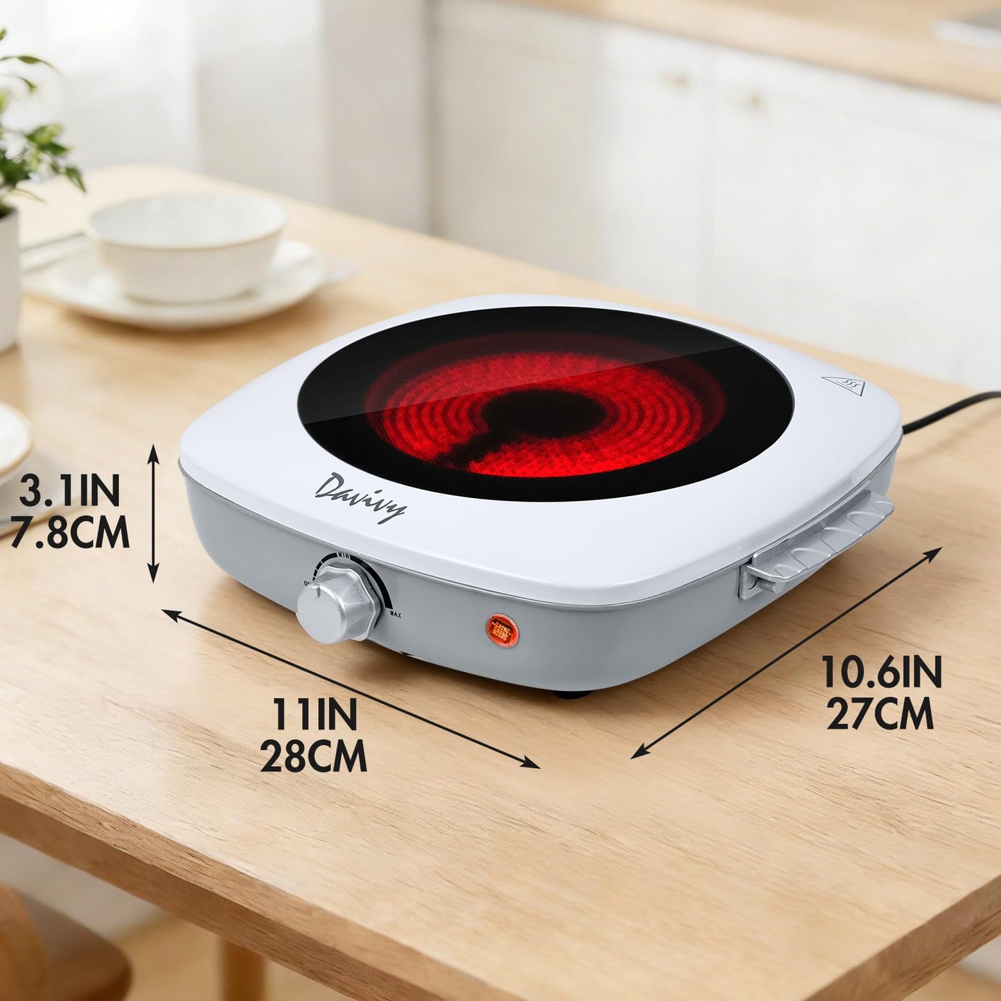 Davivy Single Burner Electric Hot Plate, 1200W Portable Cooktop with Scratch-Resistant Ceramic Glass, Lightweight 3.1lbs with Handle for Easy Carry – Ideal for Travel, Dorms, and Home Kitchen