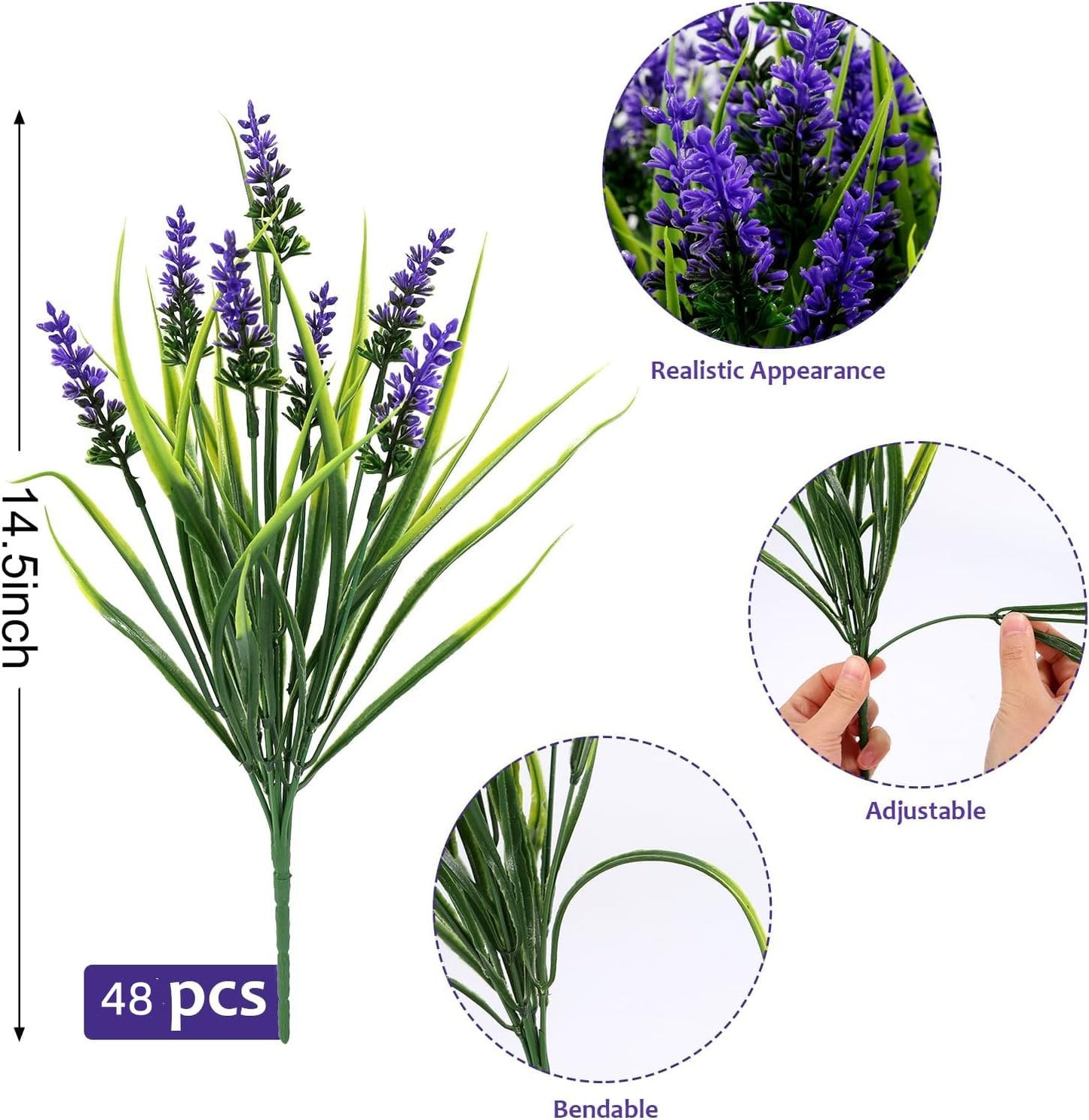 Geegoods Artificial Plants Flowers Outdoor – 48 Bundles UV Resistant Faux Lavender Flowers with Monkey Grass for Garden Porch Window Patio Hanging Planter Decor