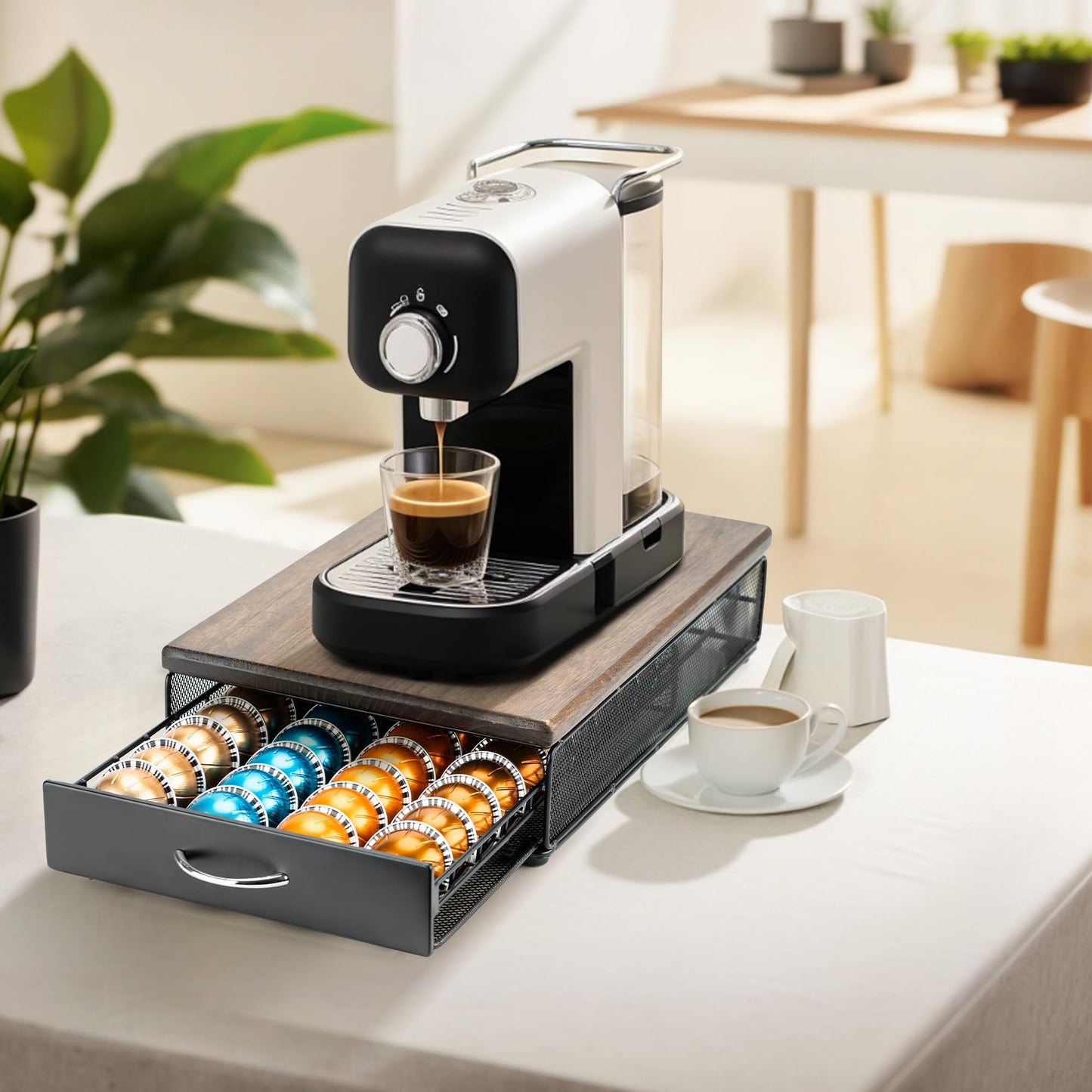 HiveNets for Vertuo Coffee Capsule Storage Drawer Compatible with Nespresso Vertuoline Pods Holder Metal and Wood Top Organizer (can hold 40 Pods)