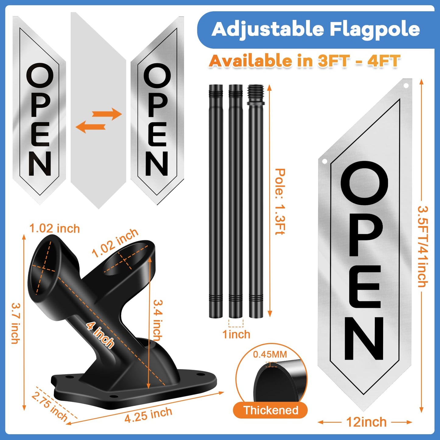 Outdoor Open Sign with Pole-Mounting Kit, Double-Sided Heavy Duty Open Banner for Business, Three-ply Advertising Open Flag with Bracket for Retail Storefront & Shops (White, 41x12 Inch)