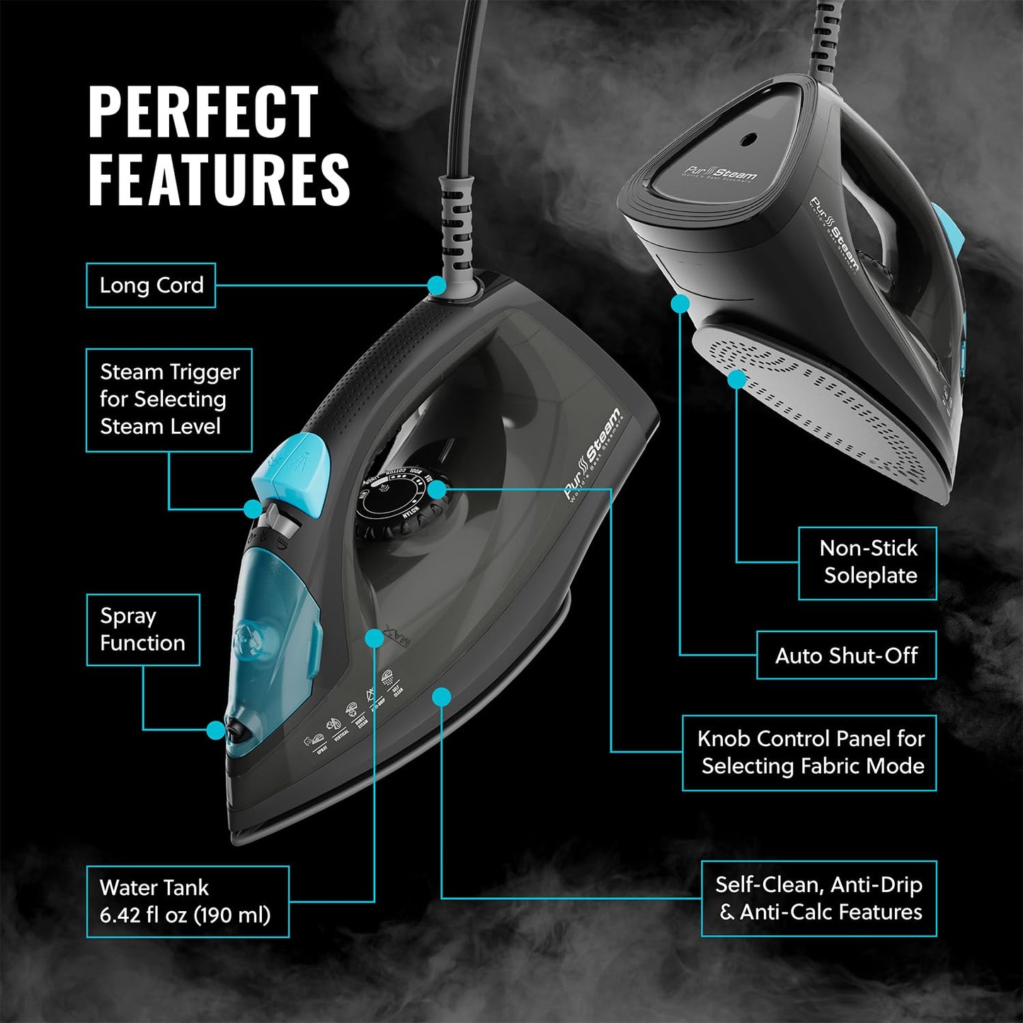 PurSteam Professional 1250W Steam Iron | Powerful Steamer with Burst of Steam & Spray | Non-Stick Soleplate, Easy Temperature Control & Auto Shut-Off