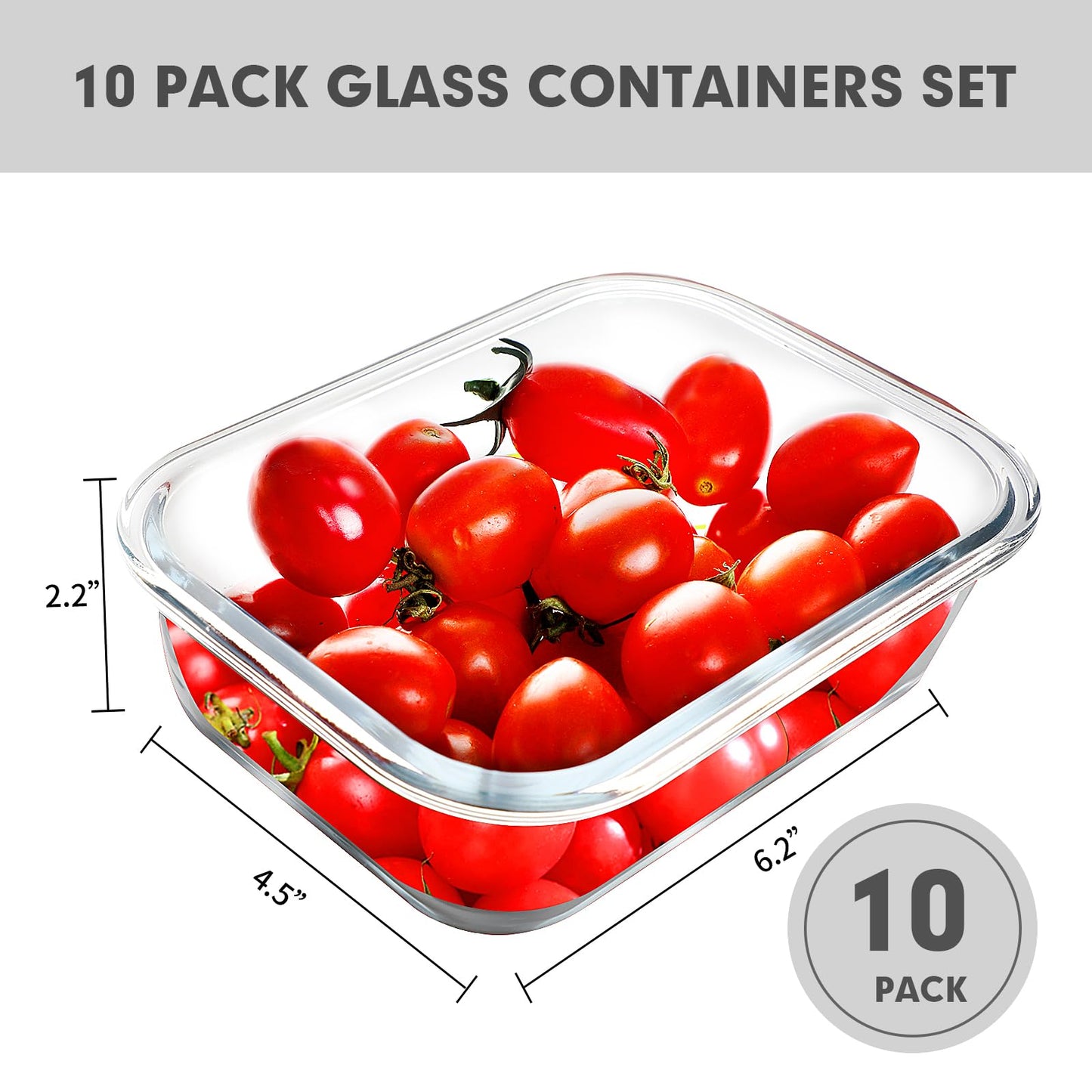VERONES 10 Pack 22 OZ Glass Meal Prep Containers, Airtight Glass Lunch Containers Set, Food Storage Containers with Lids,BPA Free, for Microwave, Oven, Freezer & Dishwasher Friendly,White