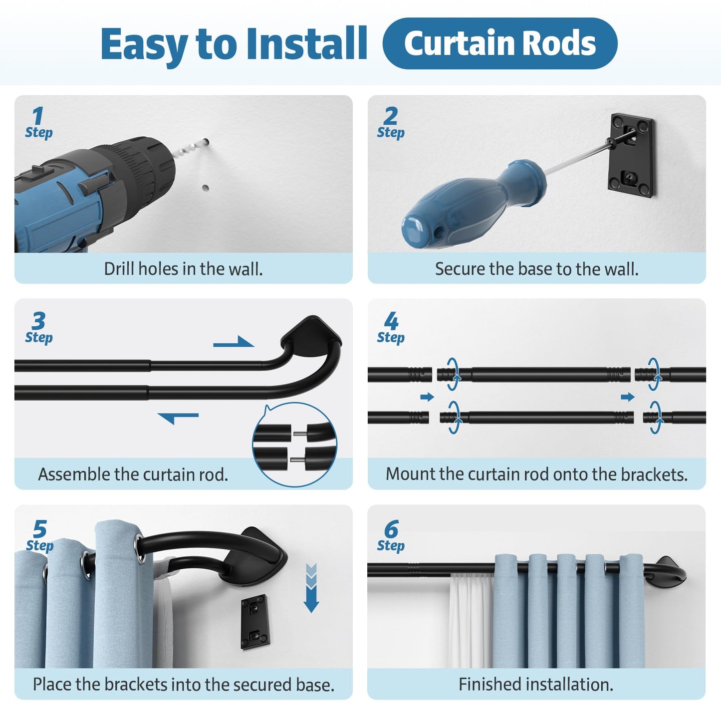 PeSenp Black Double Curtain Rod 38 to 62 Inches, Blackout Wrap Around Curtain Rod for Windows, 6/8 Inch Room Darkening Telescoping Double Drapery Rod, Easy Install for Rentals & Apartments