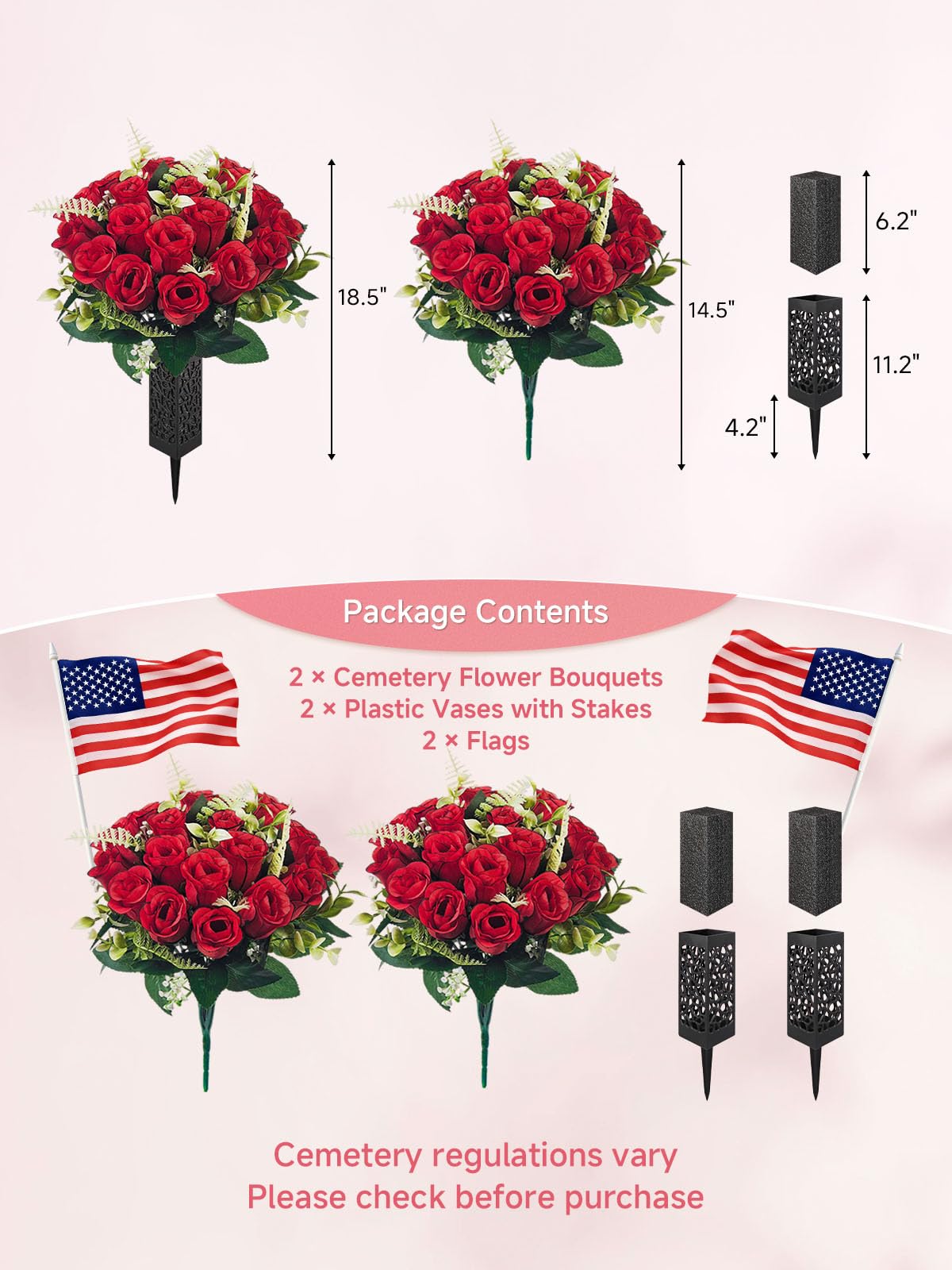 2 Pack Cemetery Flowers for Grave with Spiked Vases, 18-Stem Red Artificial Rose Bouquets with Flag, Non-Bleeding & Wind-Resistant All-Weather Memorial Decorations for Headstones