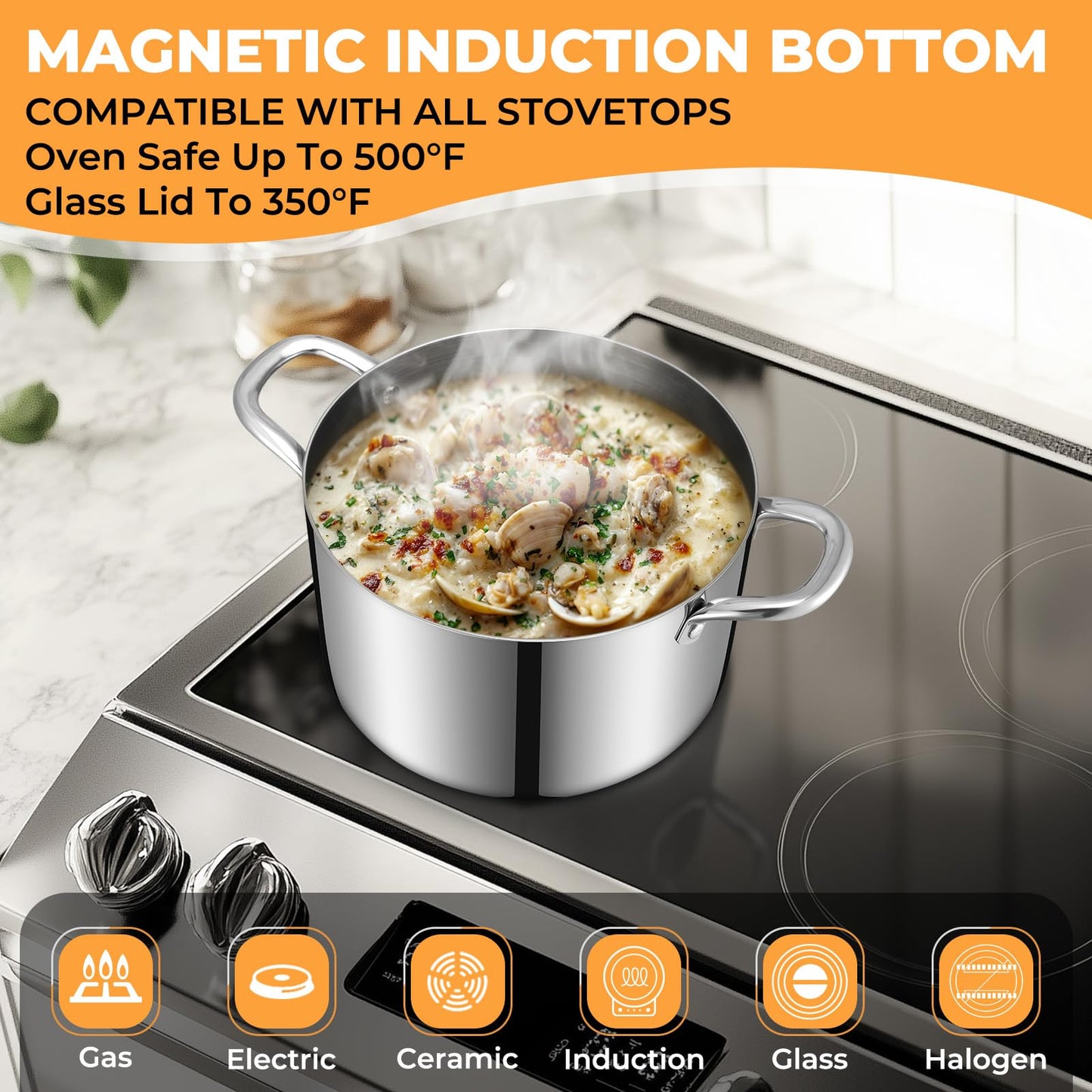 Tri-Ply Stainless Steel Stock Pot, 6.5 Quart Heavy Duty Induction Cooking Pot with Visible Lid for Pasta, Soup, Spaghetti, Sturdy & Double Handle, Dishwasher Safe