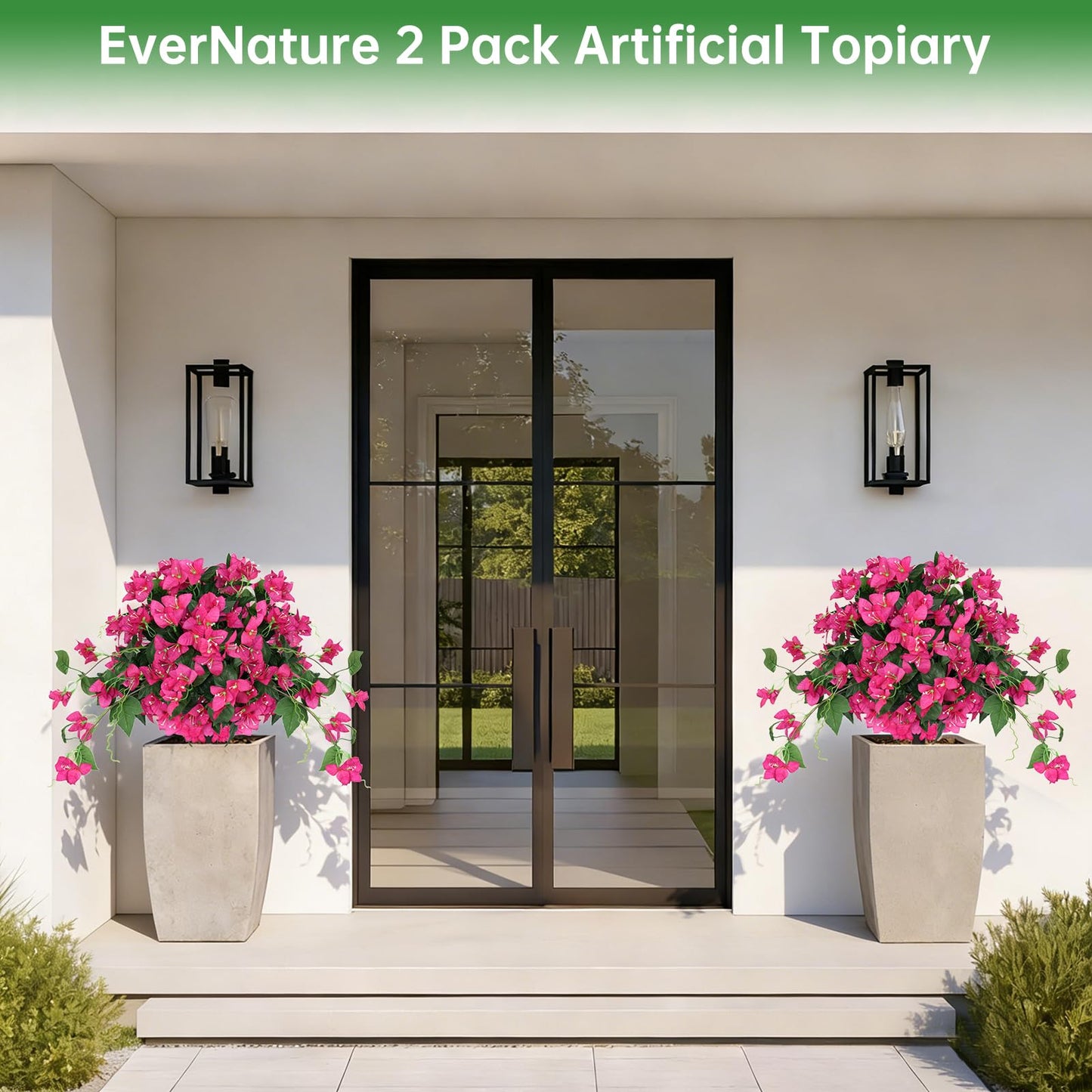 Artificial Bougainvillea Topiary Trees Set of 2, Pink Fake Shrubs Bushes with Ground Spike, Faux Evergreen for Porch Plants, UV Resistant Artificial Flowers for Outdoors Indoor Front Garden