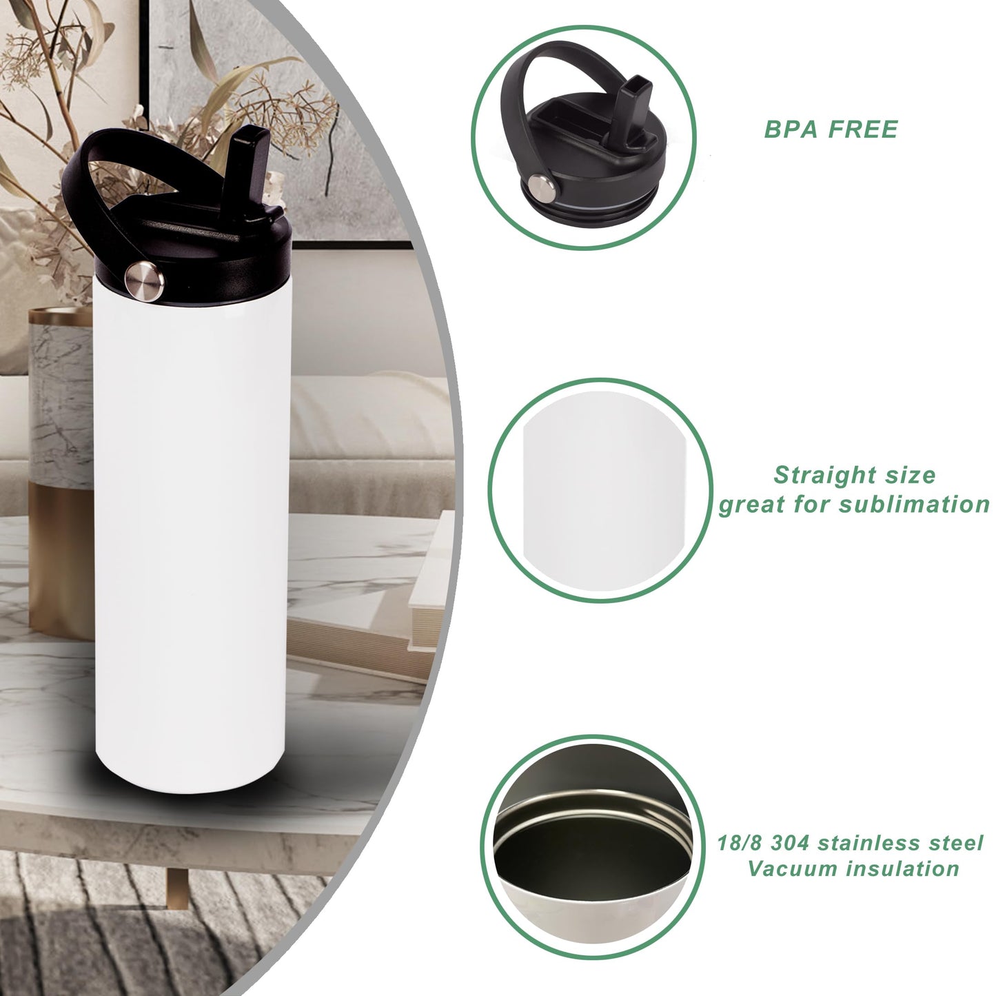 Stvyar 20oz sublimation sport tumblers blanks with two lids ，flat edge sublimation tumblers，double wall stainless steel insulted cup，for Heat Transfer, White (8, with flex handle lid)