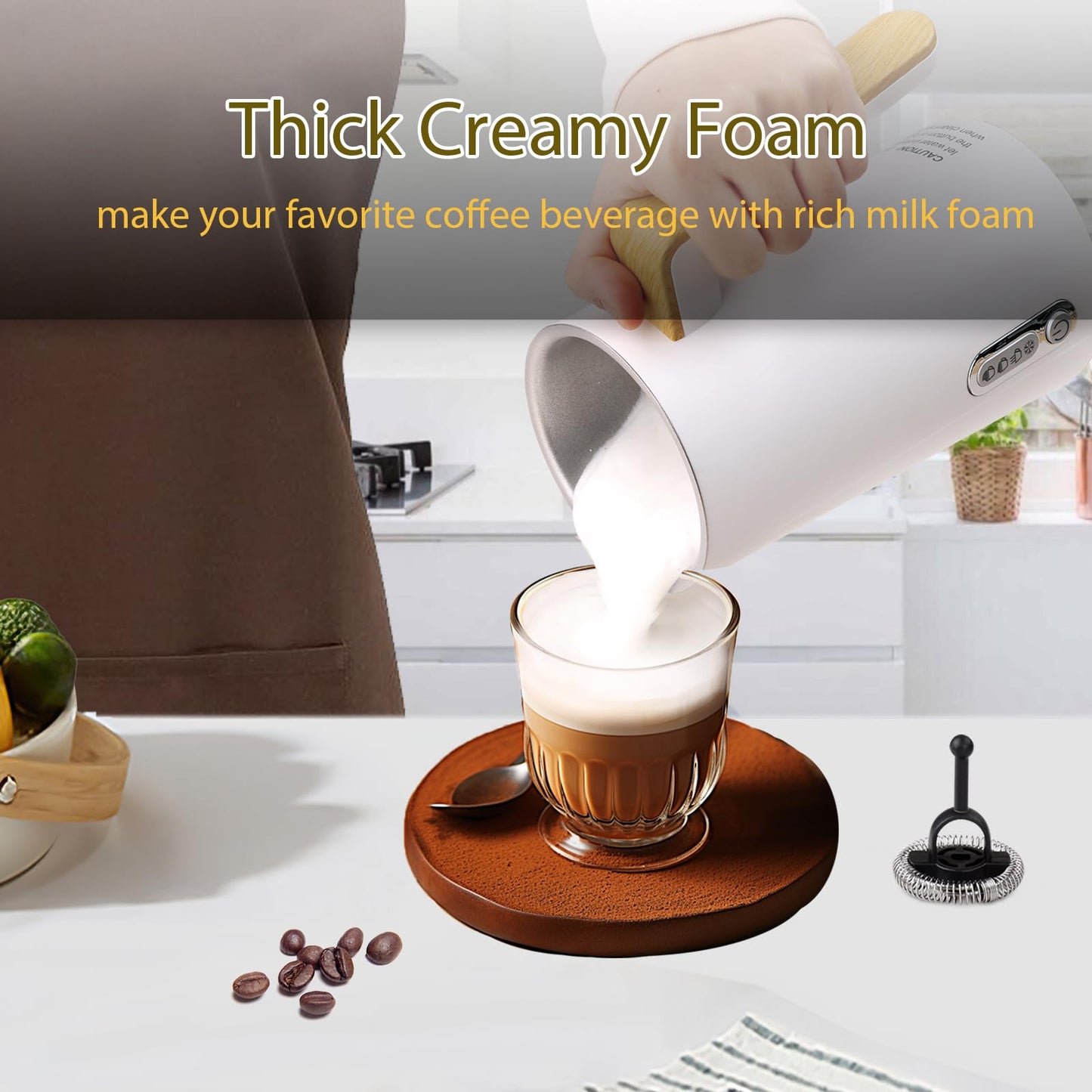 Electric Milk Frother and Steamer, 4-in-1 Milk Steamer with Wood Elements Design, Automatic Hot & Cold Foam Maker for Latte, Cappuccinos, Macchiato, Milk Warmer, Black (white)